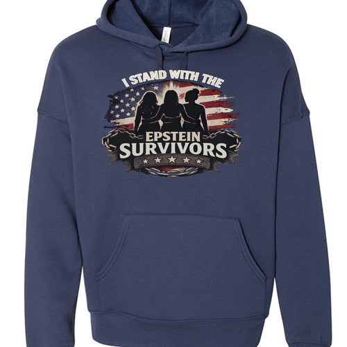Navy unisex sponge fleece hoodie with I Stand With The Epstein Survivors patriotic graphic.