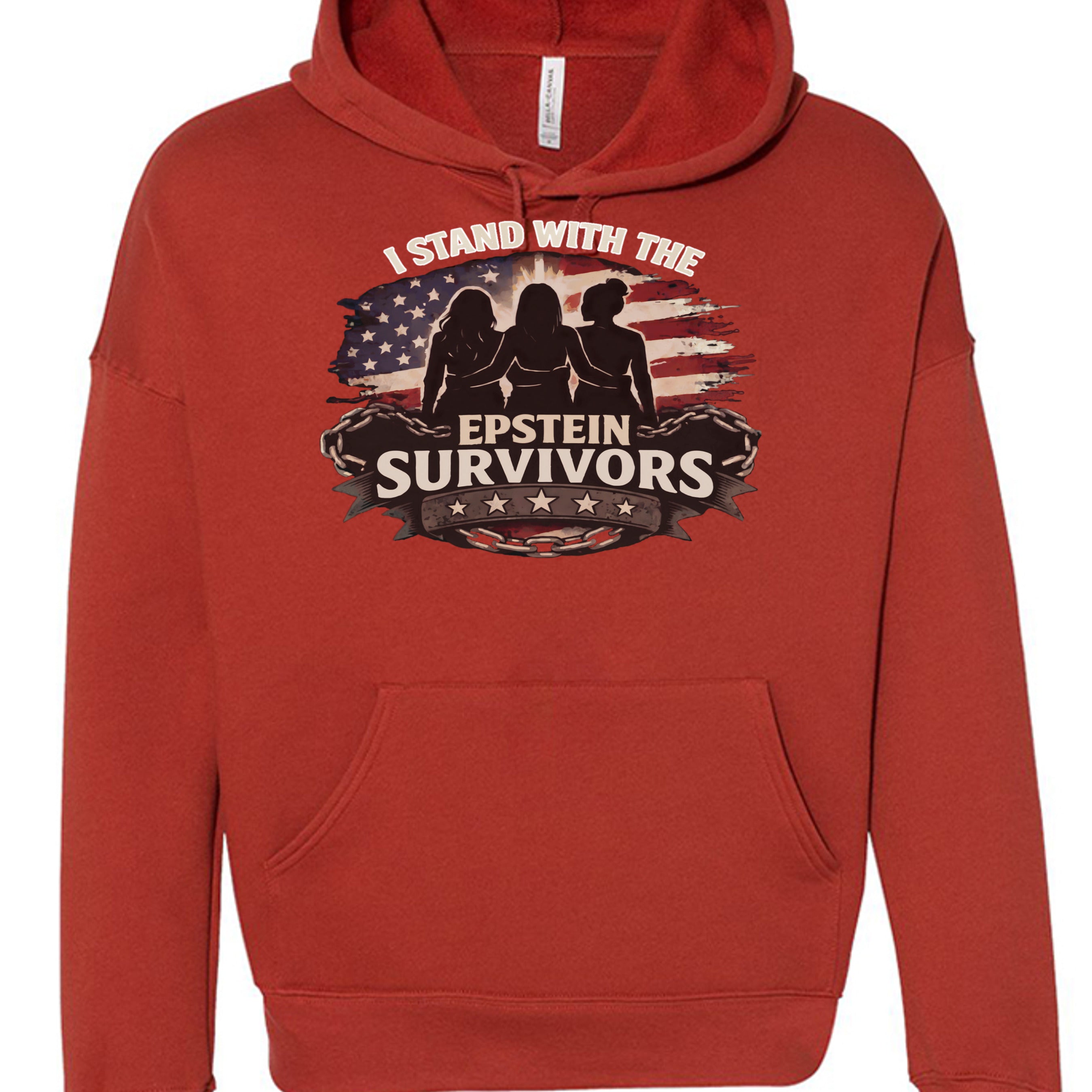 I Stand with the Epstein Survivors hoodie graphic with three silhouettes and American flag.