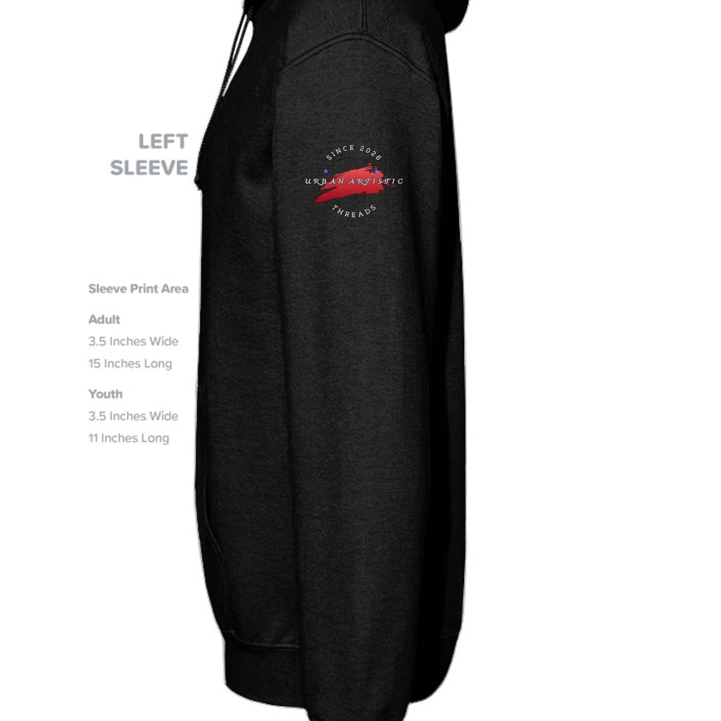 Left sleeve of a black hoodie showing a circular Urban Artistic Threads logo with a red brush stroke and blue star.