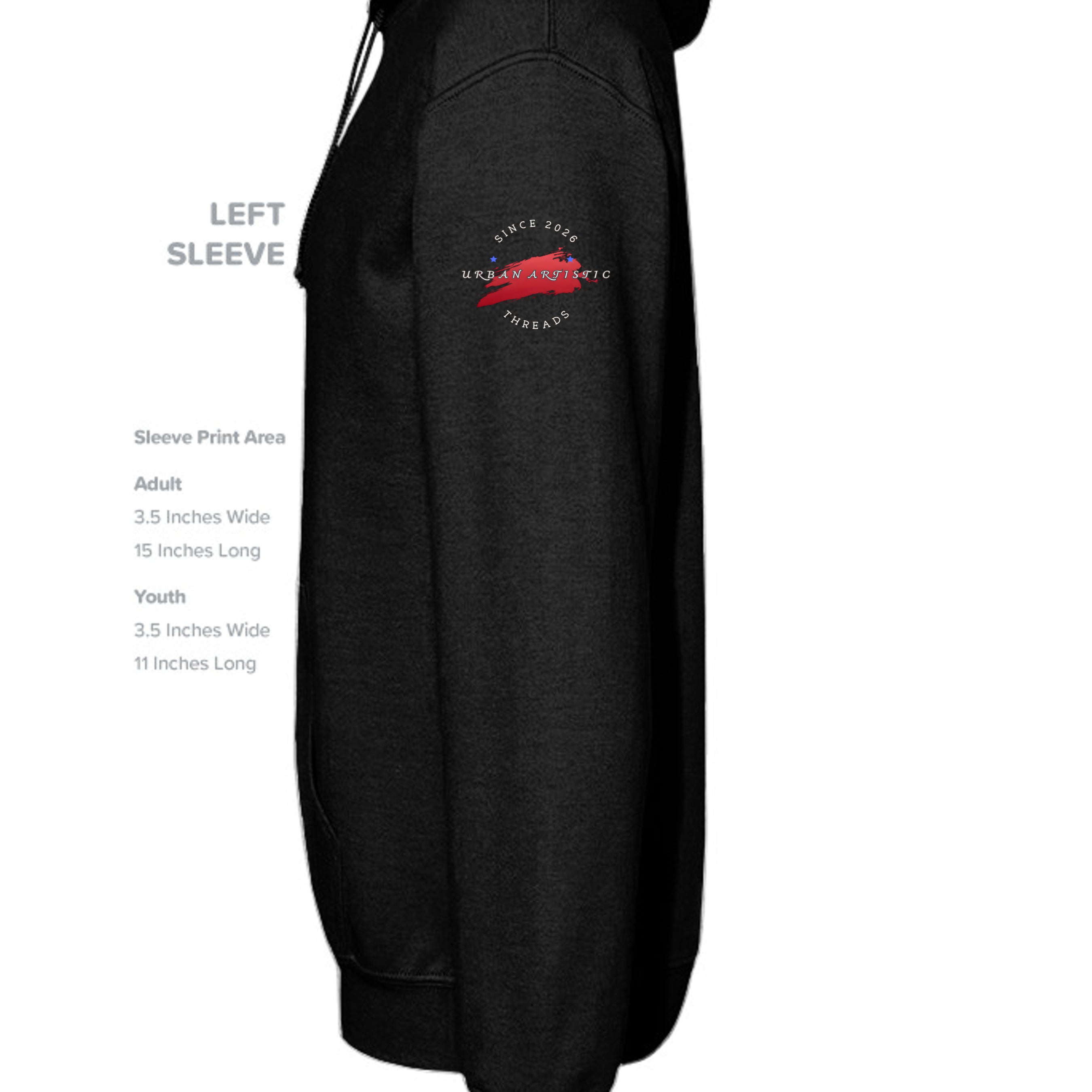 Left sleeve of a black hoodie showing a circular Urban Artistic Threads logo with a red brush stroke and blue star.