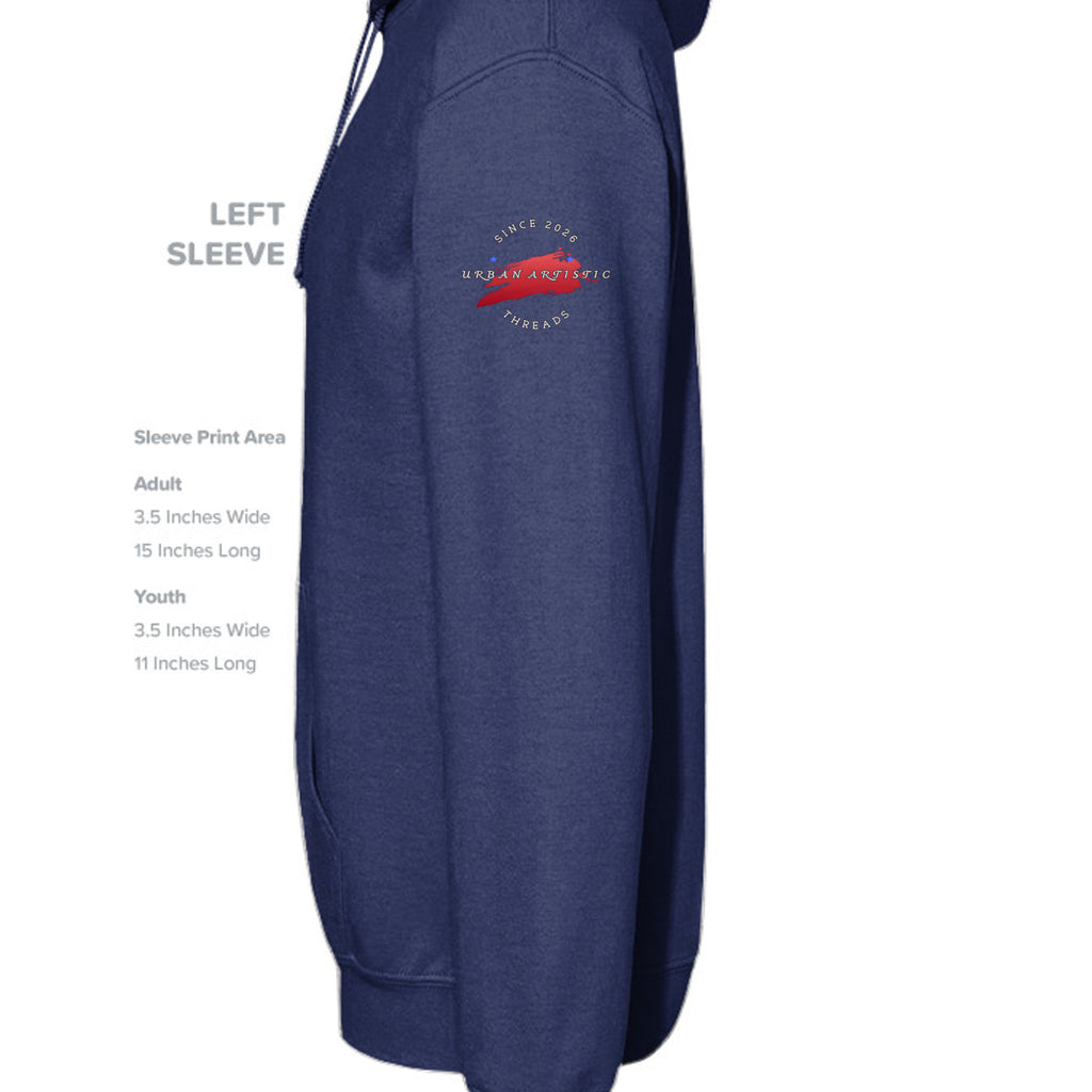 I Stand with the Epstein Survivors patriotic unisex sponge fleece hoodie; navy with circular sleeve logo.