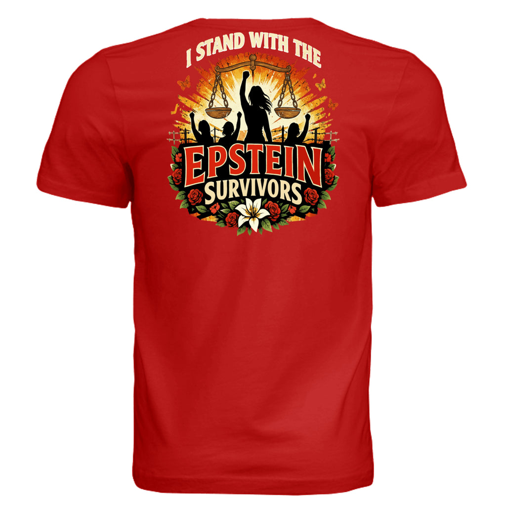 Red unisex tee with "I stand with the Epstein survivors" graphic, featuring scales of justice and blooming flowers.
