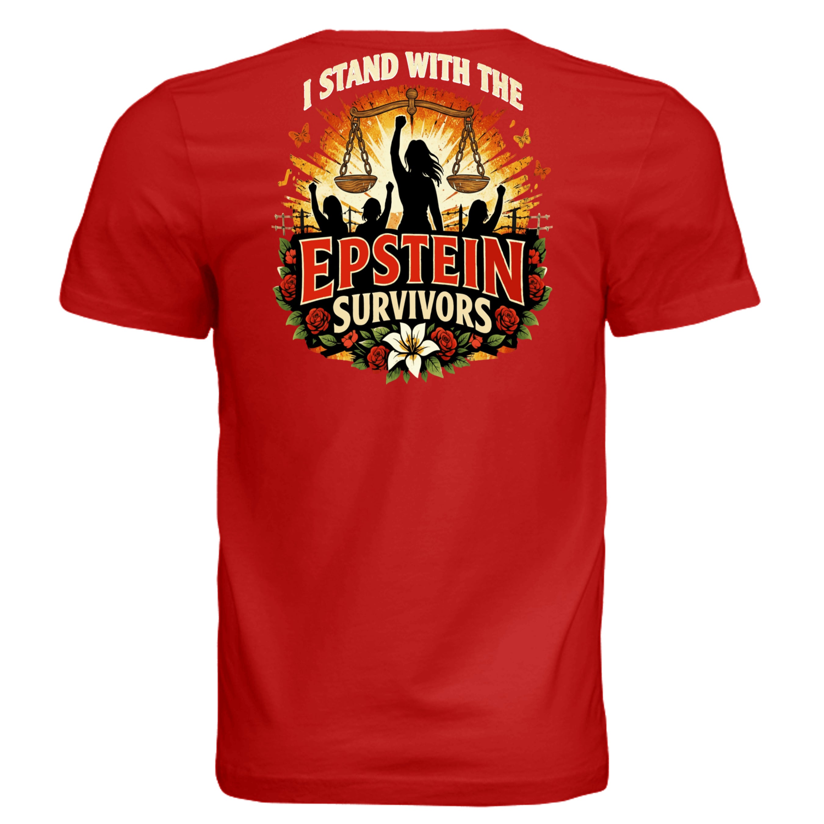 Red unisex tee with "I stand with the Epstein survivors" graphic, featuring scales of justice and blooming flowers.