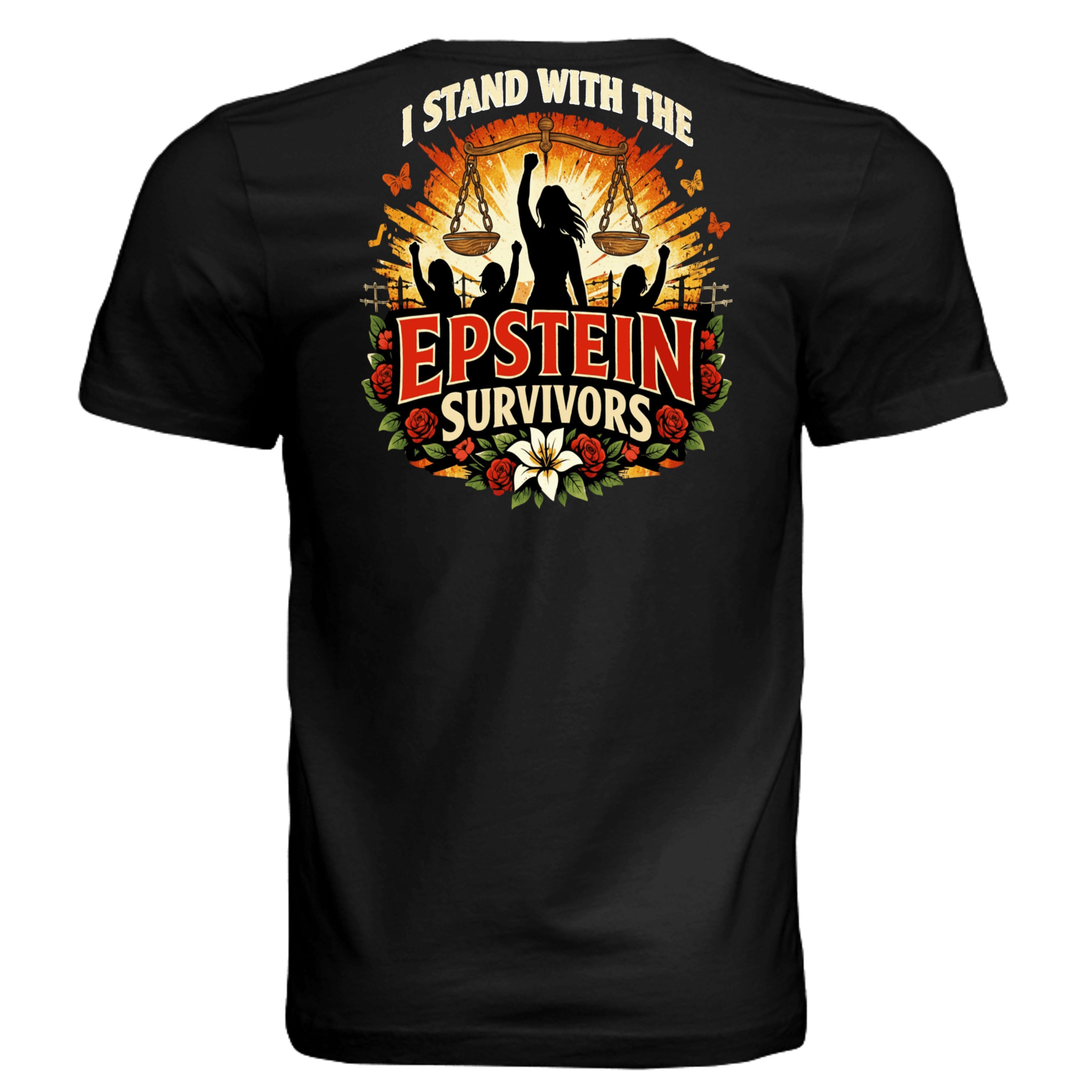 Unisex Blooms Of Resilience Epstein Survivor tee with raised-fist silhouette, scales, sunburst, floral border.