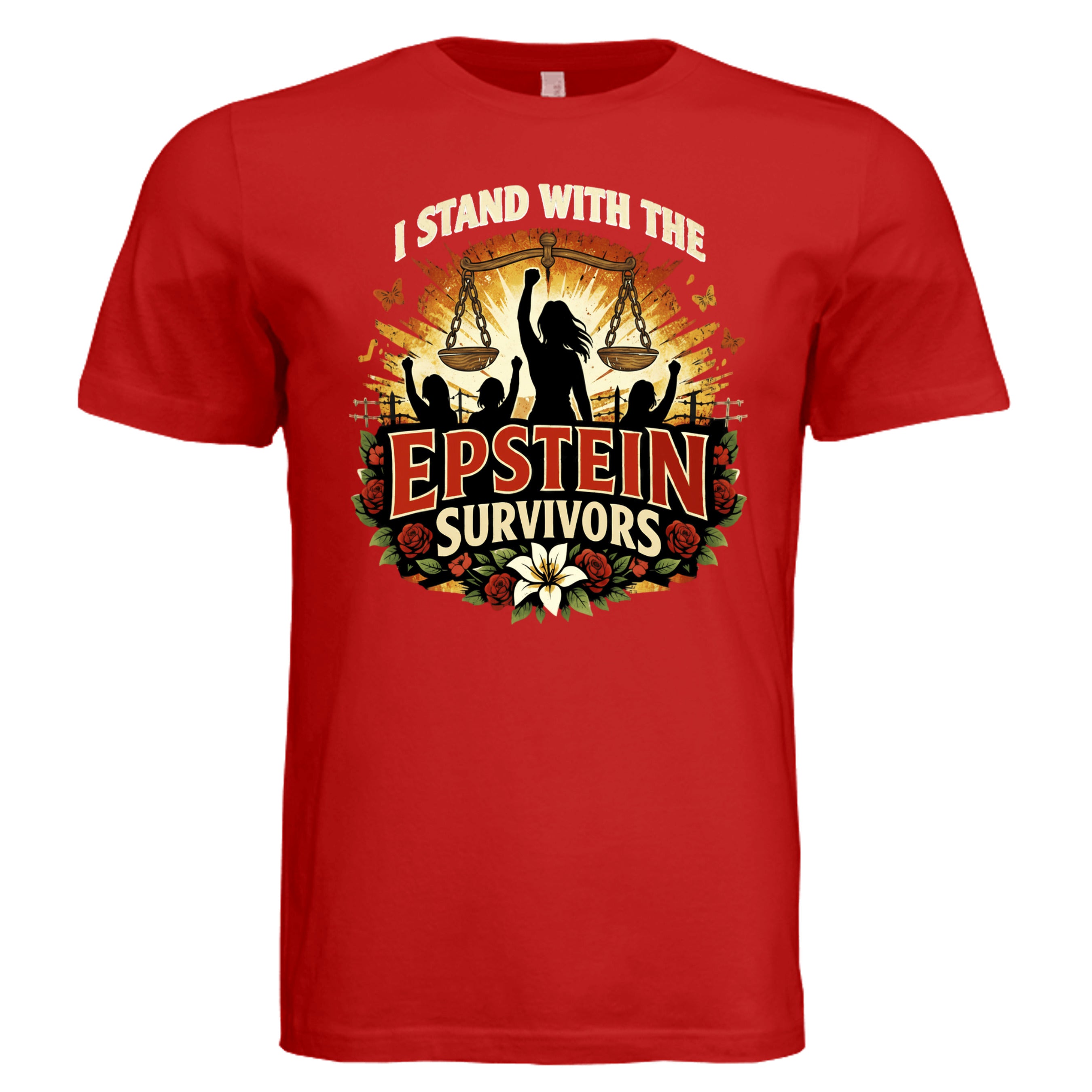 Red Blooms Of Resilience Epstein Survivor unisex tee with scales, silhouetted figures and roses design