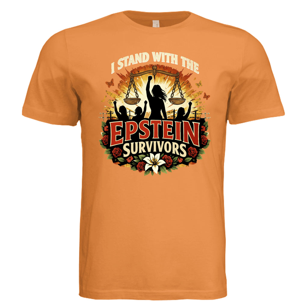 Blooms Of Resilience Epstein Survivors unisex jersey tee with bloom motif and survivor affirmation.