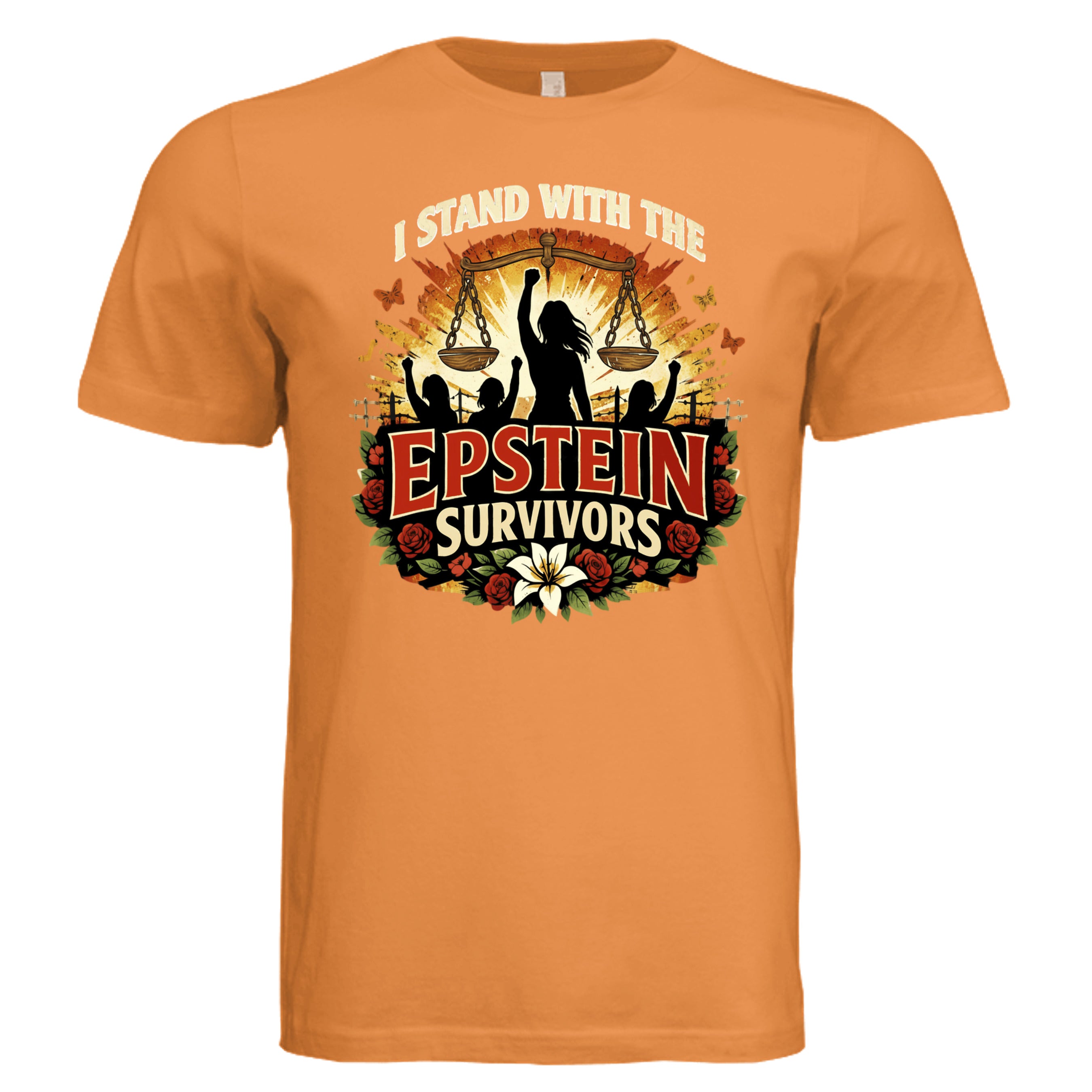 Blooms Of Resilience Epstein Survivors unisex jersey tee with bloom motif and survivor affirmation.