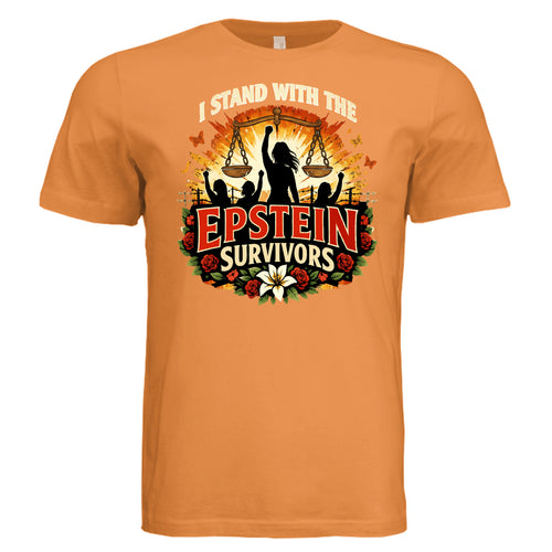 Orange unisex graphic tee with a survivor silhouette, scales, flowers, and I Stand With The Epstein Survivors.