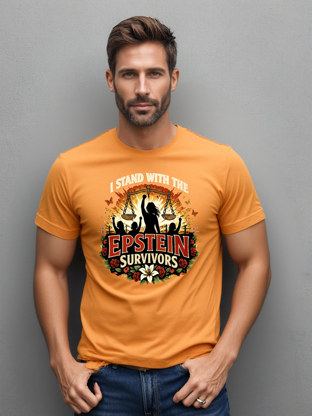 Unisex orange jersey tee featuring Epstein Survivors graphic with blooming flowers and raised-fist silhouettes