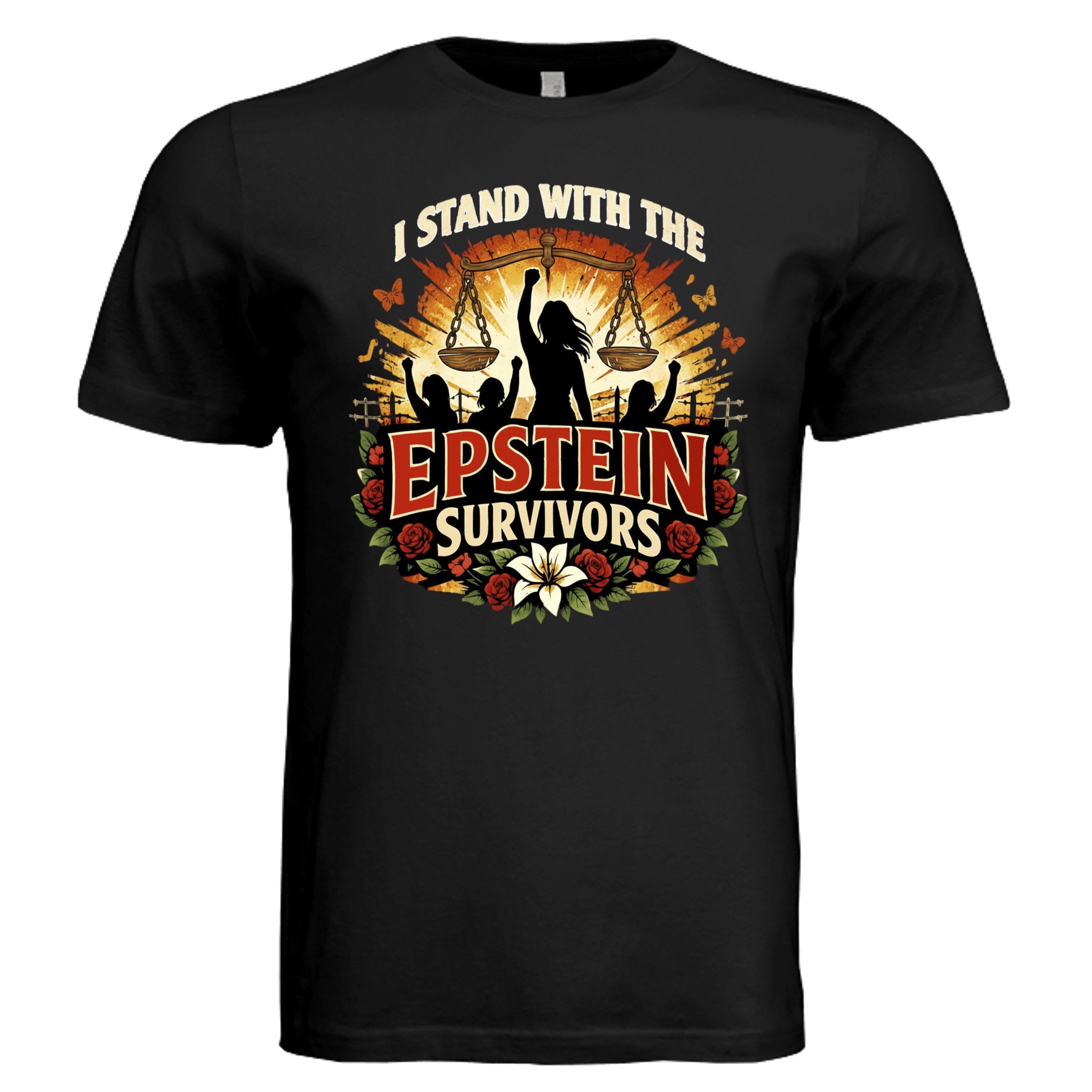 I stand with the Epstein survivors graphic tee featuring blooming roses and a sunburst design.