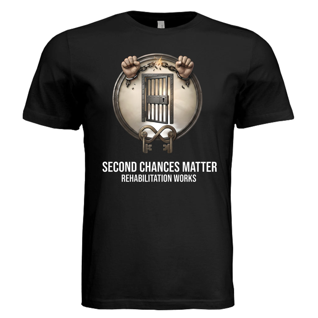 Black unisex tee with a circular emblem showing hands breaking chains from a jail door, Second Chances Matter.