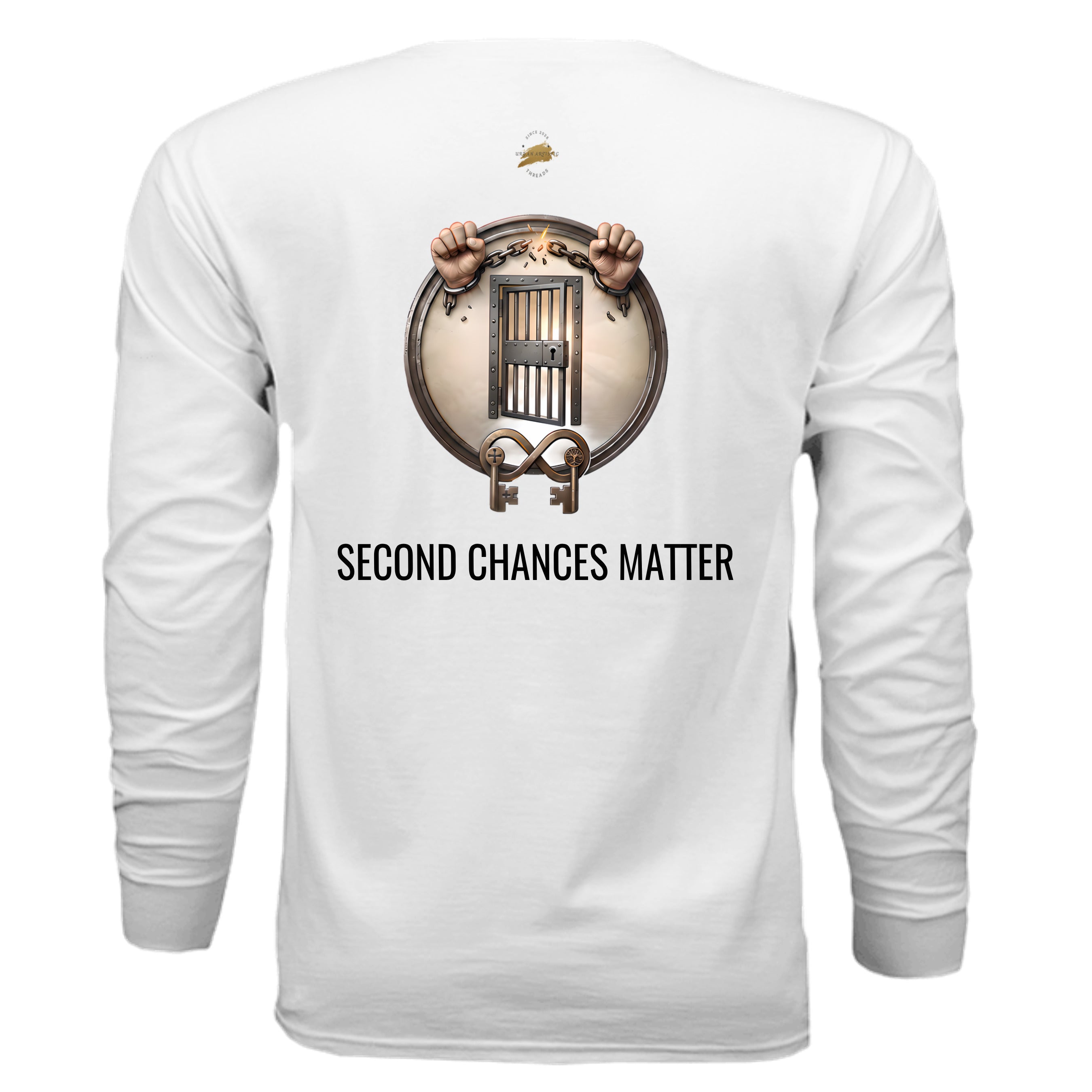 Second Chances Matter long sleeve tee with jail door graphic and broken chains symbolizing freedom and rehabilitation