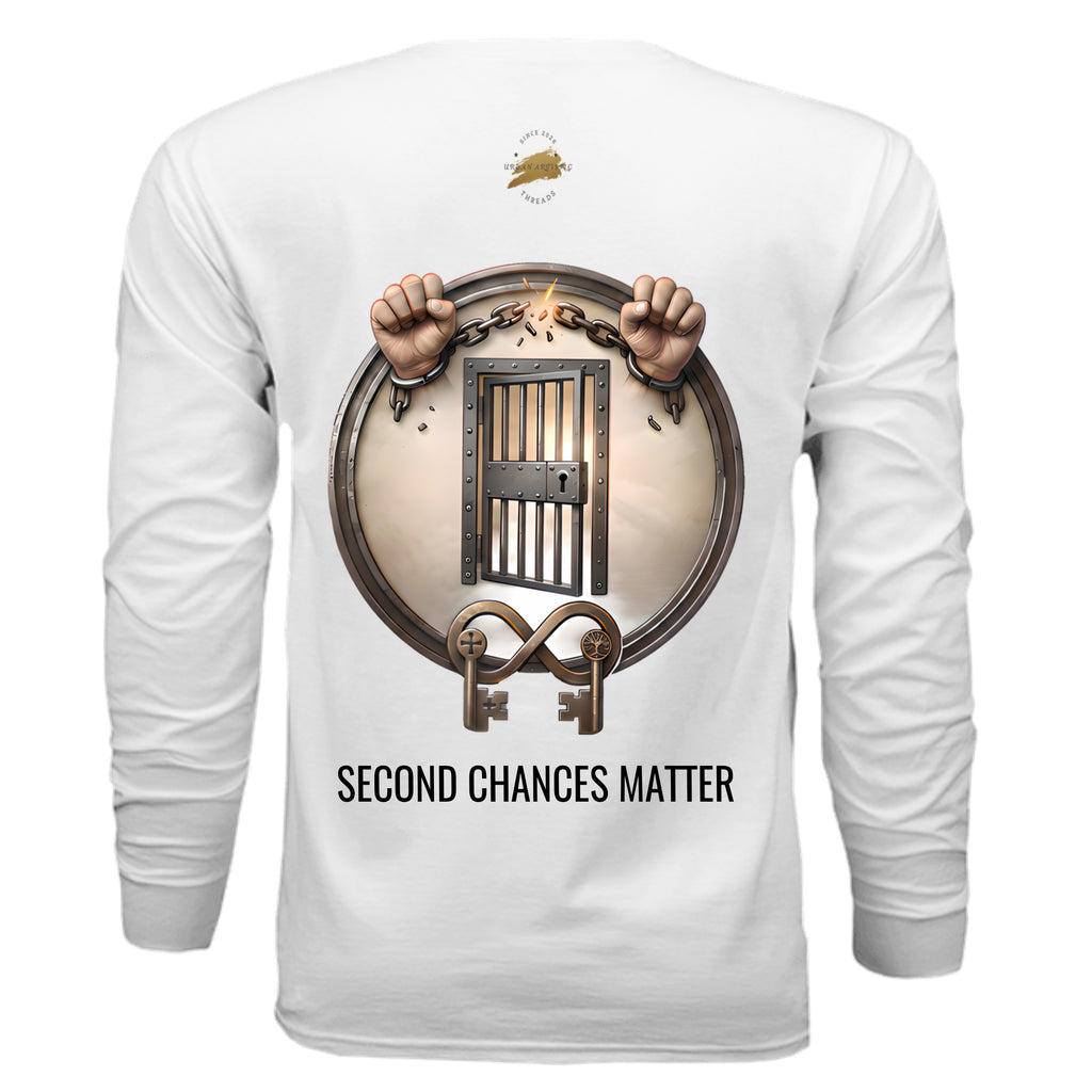 Second Chances Matter long-sleeve tee with a circular emblem of a barred door and broken chains.