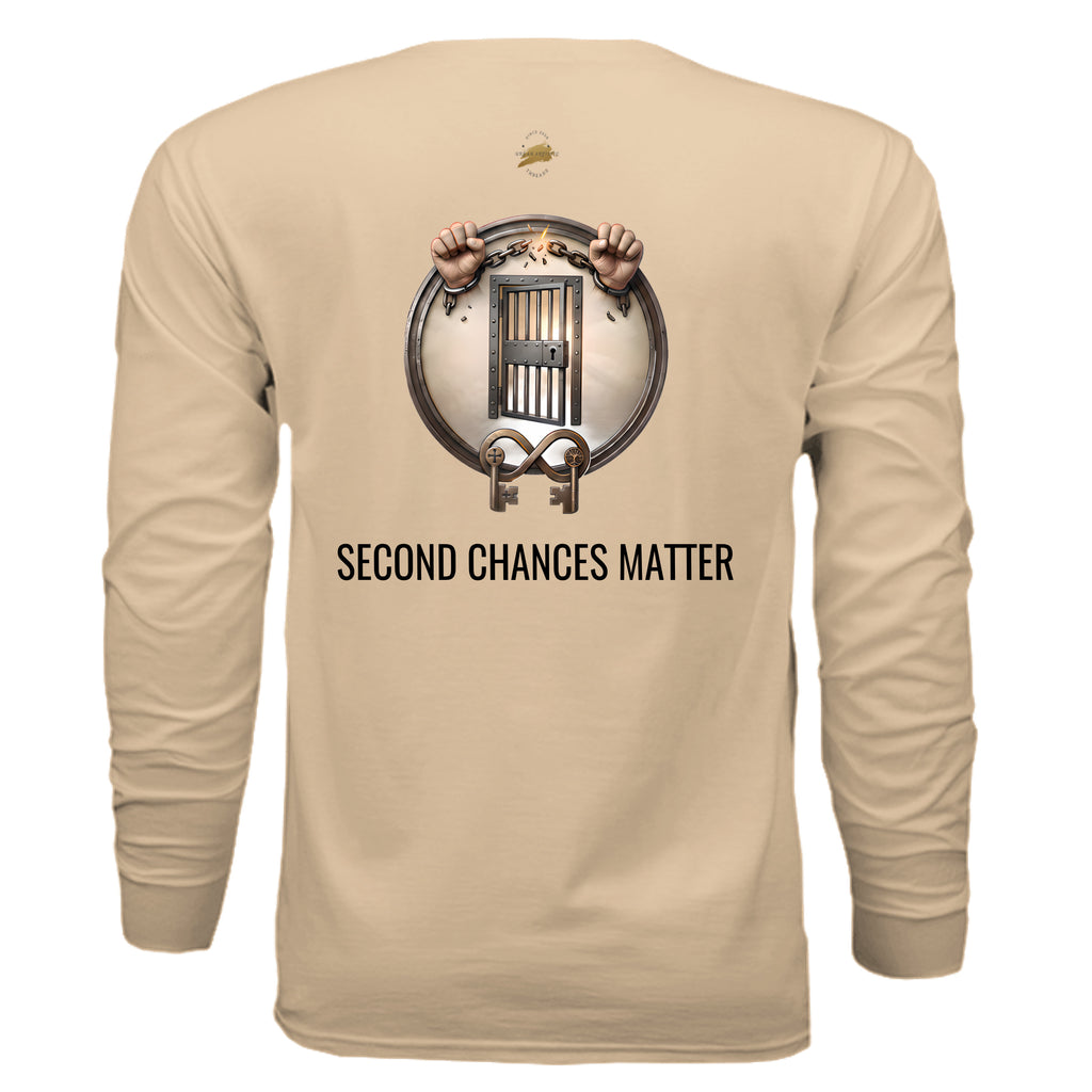 Beige long-sleeve tee with circular design of breaking chains over jail bars and the SECOND CHANCES MATTER slogan.