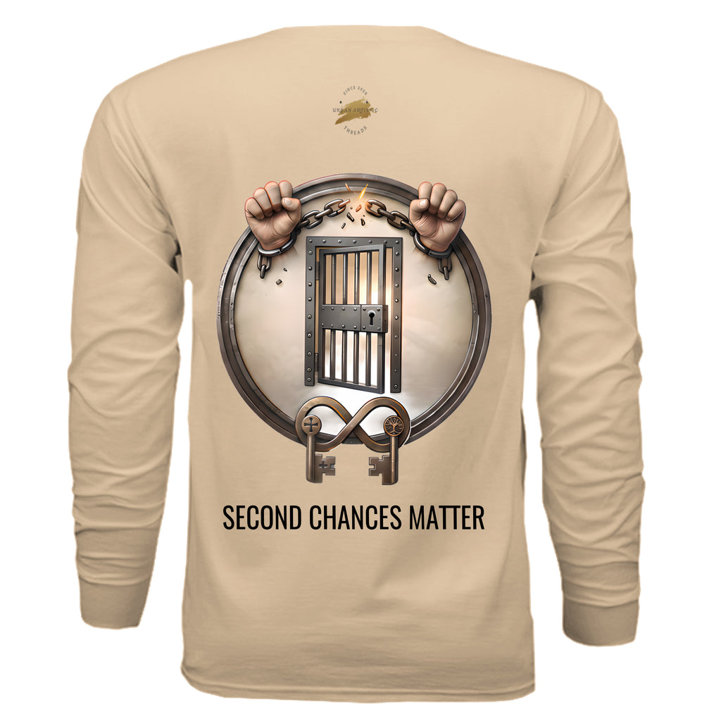 Second Chances Matter long sleeve tee with circular jail door, broken chains, advocating criminal justice reform