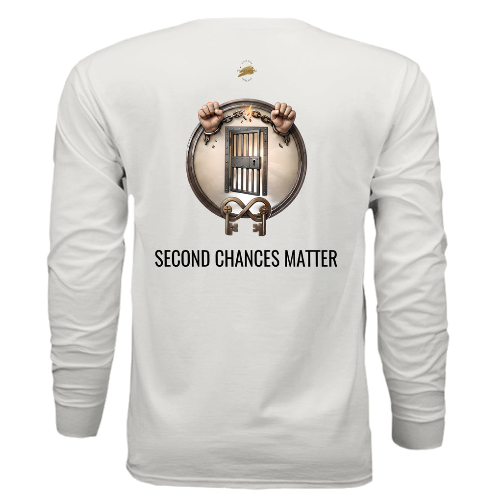 White long-sleeve T-shirt with jail door graphic breaking chains, advocacy for justice reform and Second Chances Matter