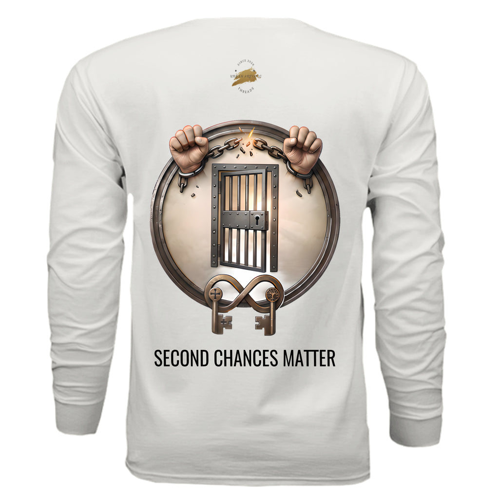 Second Chances Matter long sleeve tee with emblem showing chains and a barred door symbolizing rehabilitation