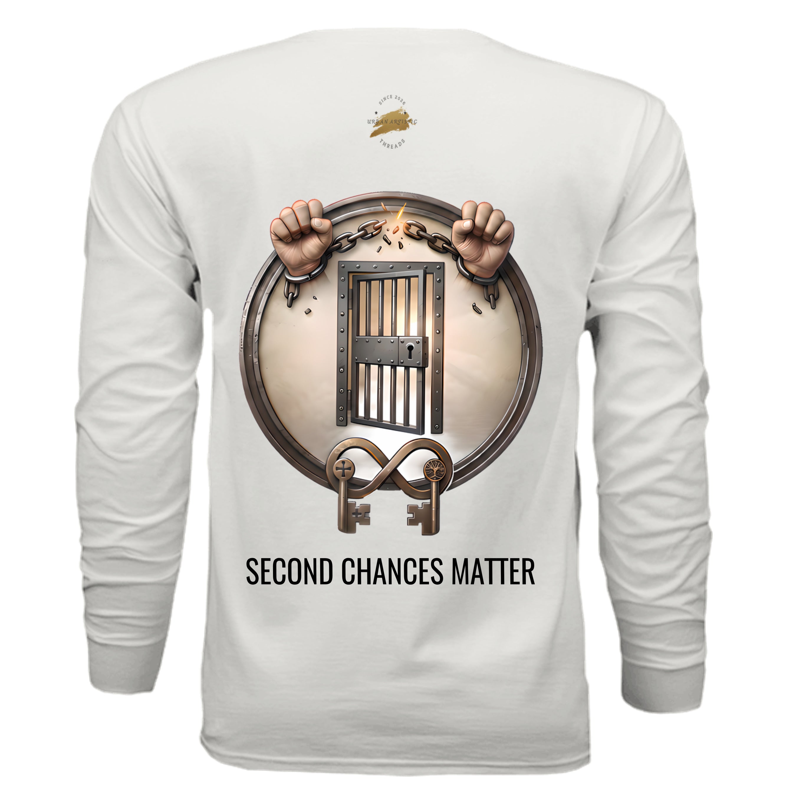 Second Chances Matter long sleeve tee with emblem showing chains and a barred door symbolizing rehabilitation