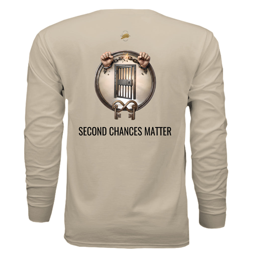 Second Chances Matter long sleeve T-shirt with jail door graphic advocating criminal justice reform