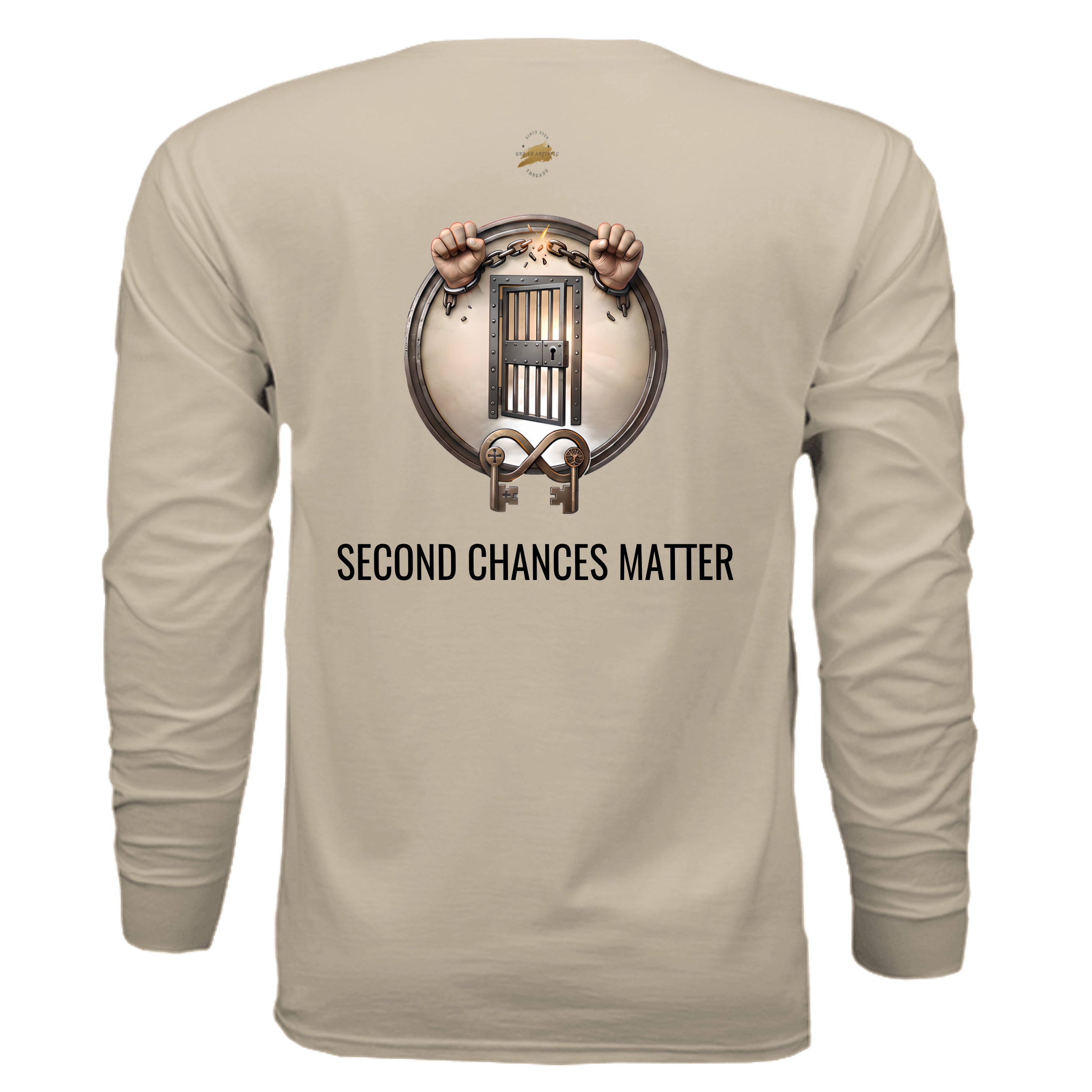 Second Chances Matter long sleeve T-shirt with jail door graphic advocating criminal justice reform