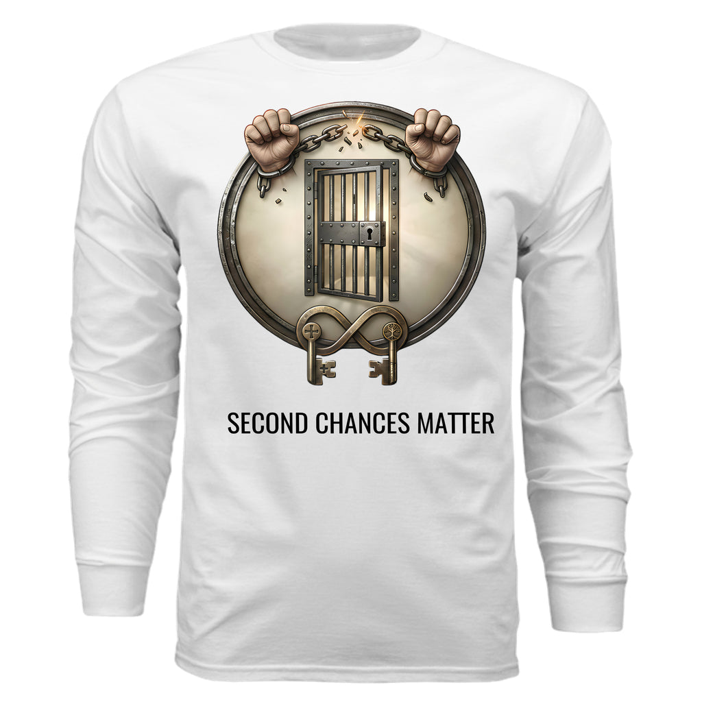 Second Chances Matter long sleeve tee with jail-bar shield and broken chains advocating criminal justice reform.