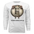 Second Chances Matter long sleeve tee with jail-bar shield and broken chains advocating criminal justice reform.