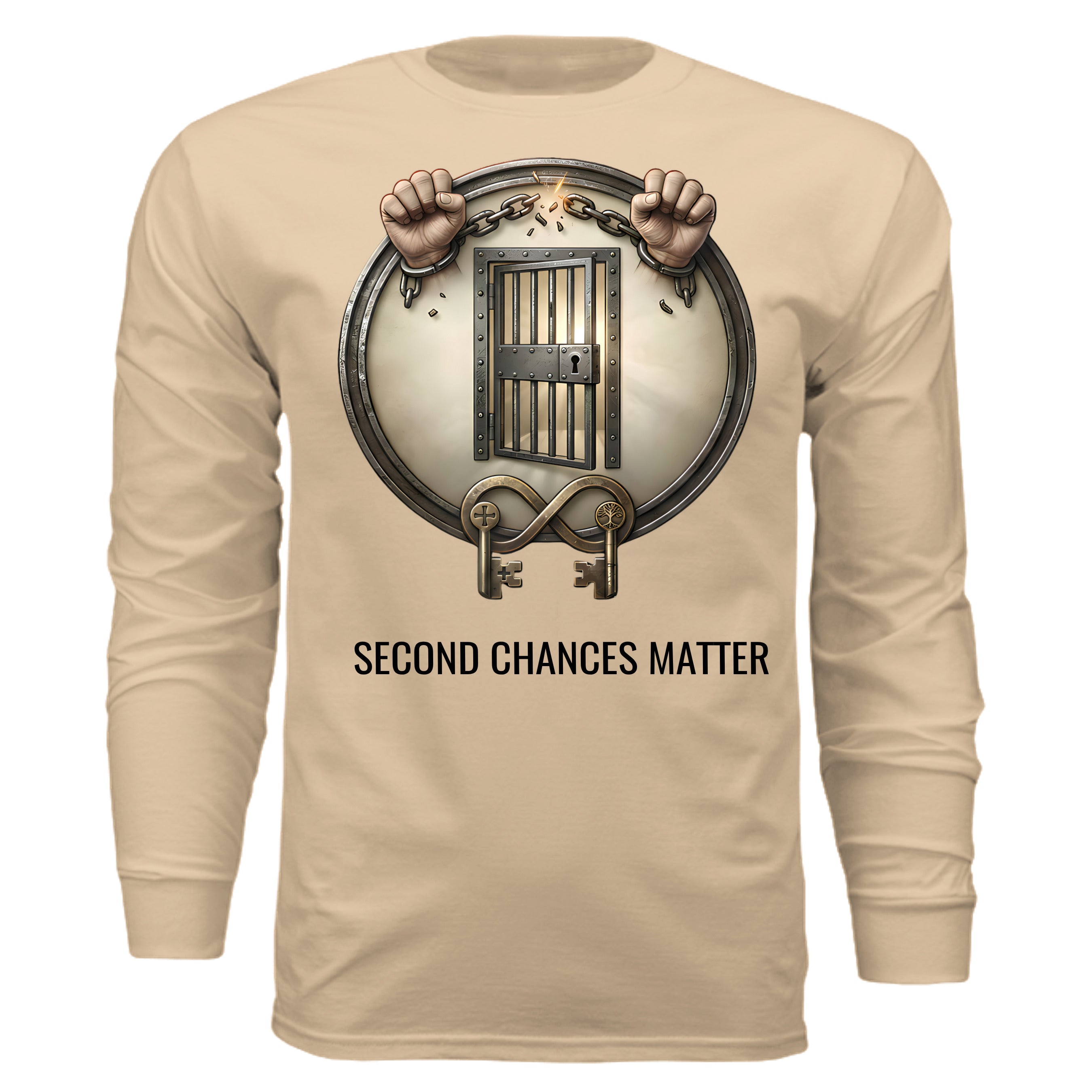 Second Chances Matter long sleeve tee advocating criminal justice reform with breaking chains and a barred prison door