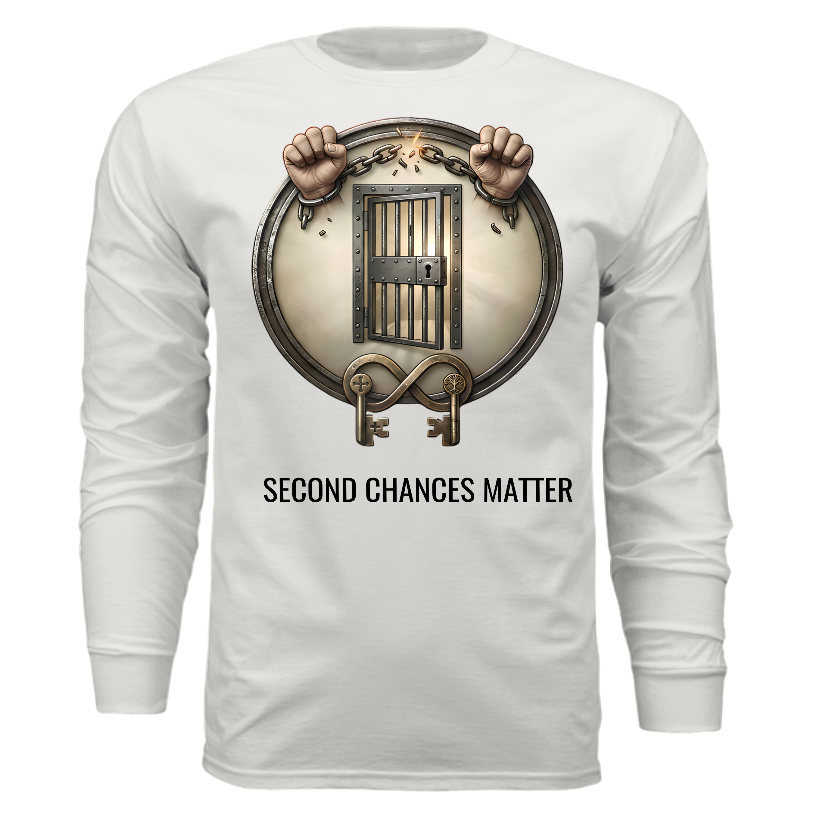 Second Chances Matter long sleeve tee with fists breaking chains over a jail door, symbolizing criminal justice reform