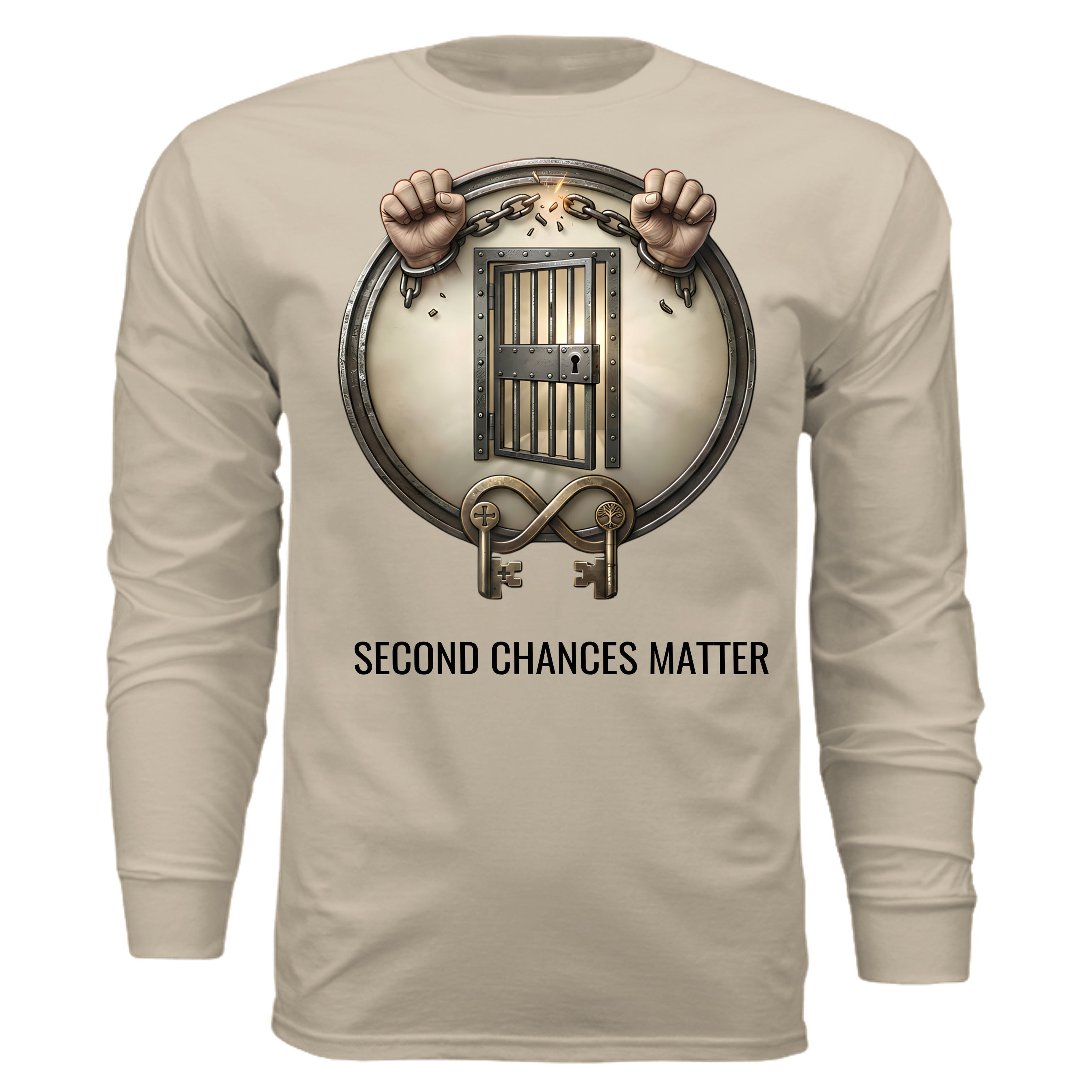 Second Chances Matter long sleeve tee advocating criminal justice reform with prison door breaking chains.