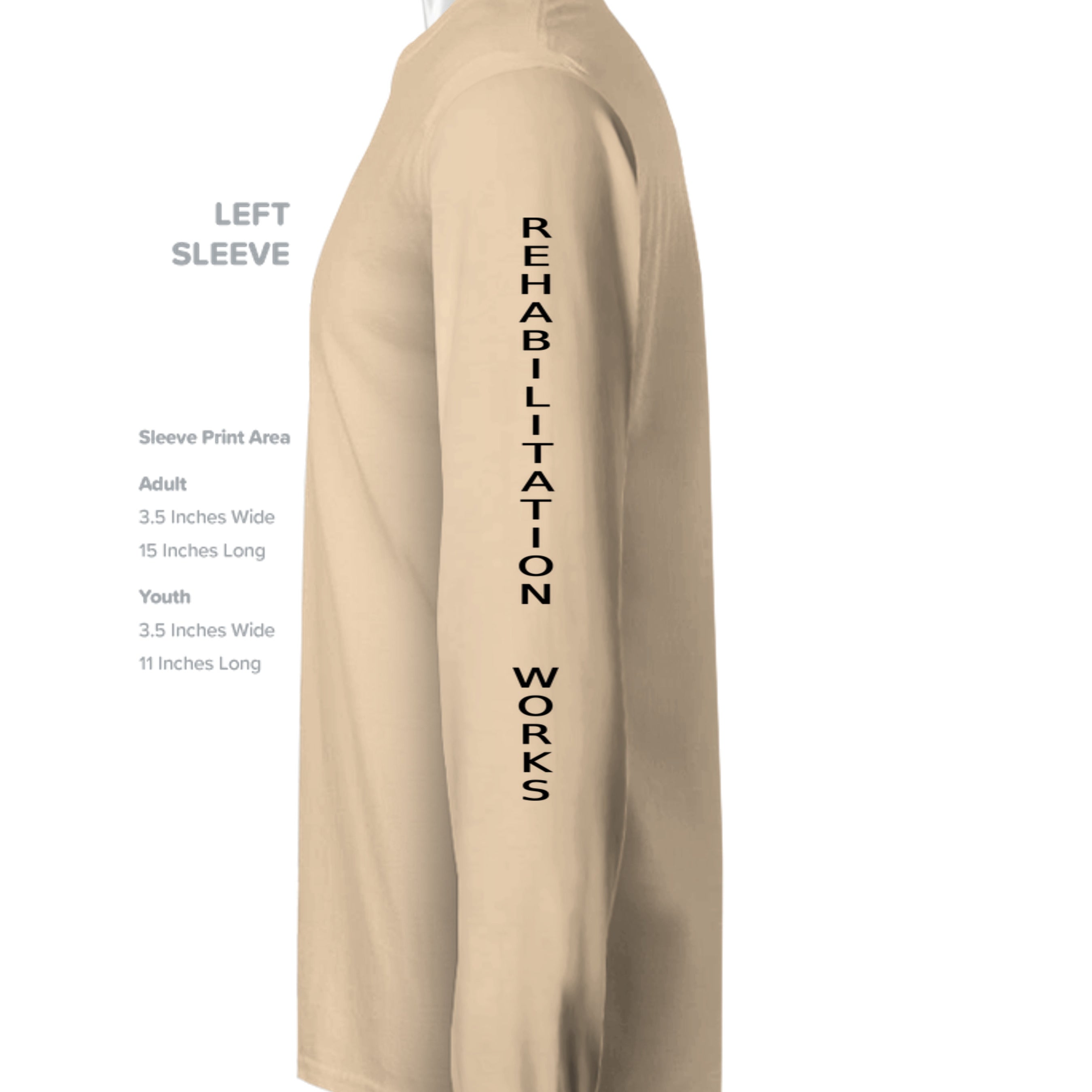 Second Chances Matter long sleeve tee with vertical REHABILITATION text on the sleeve symbolizing freedom for reform.