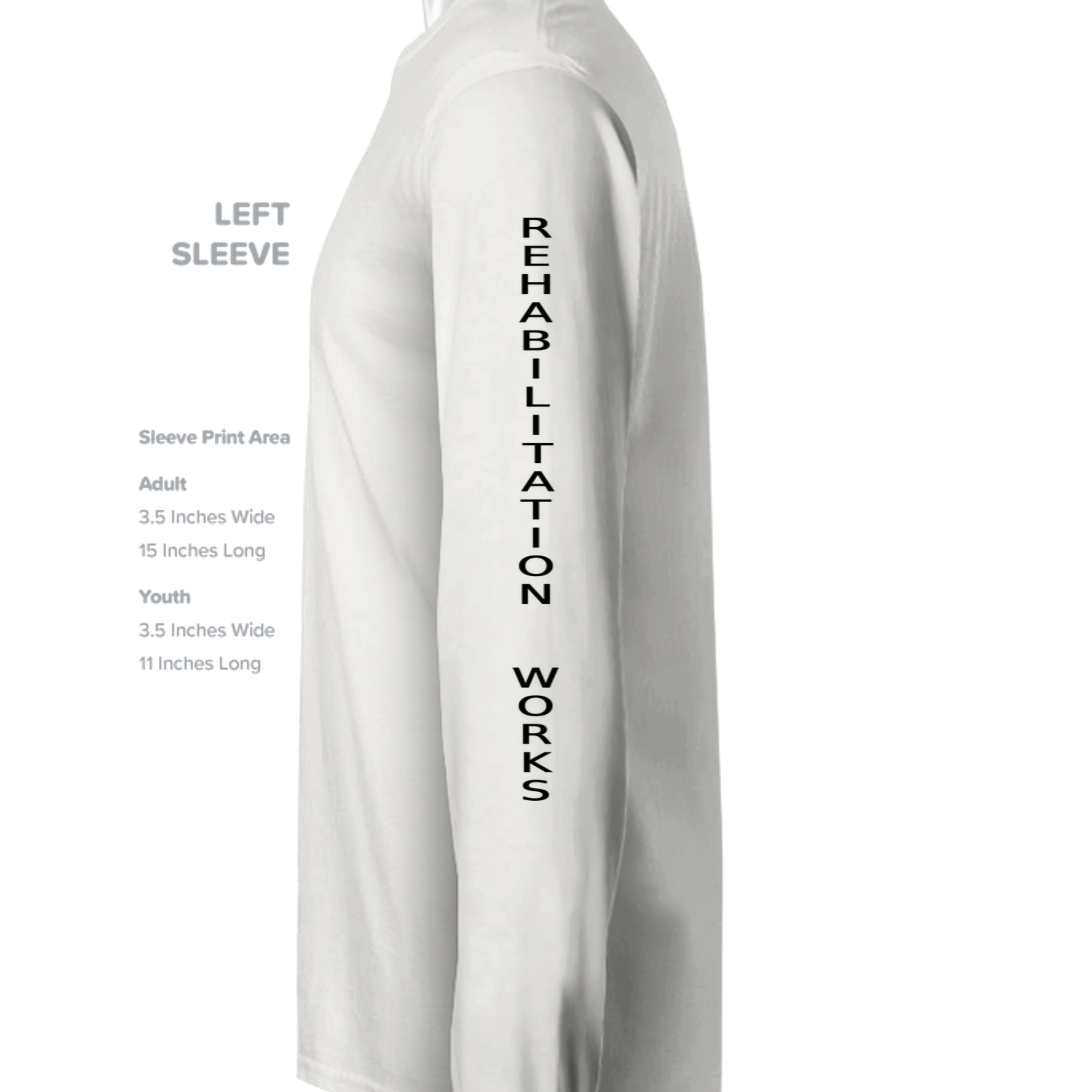 Second Chances Matter long sleeve tee with vertical REHABILITATION text on sleeve, advocating criminal justice reform.