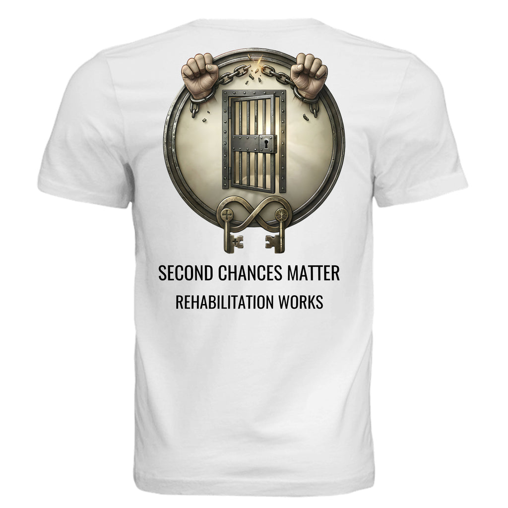 Rehabilitation Works Graphic Tee - Second Chances Matter, unisex shirt with breaking chains and barred door emblem.