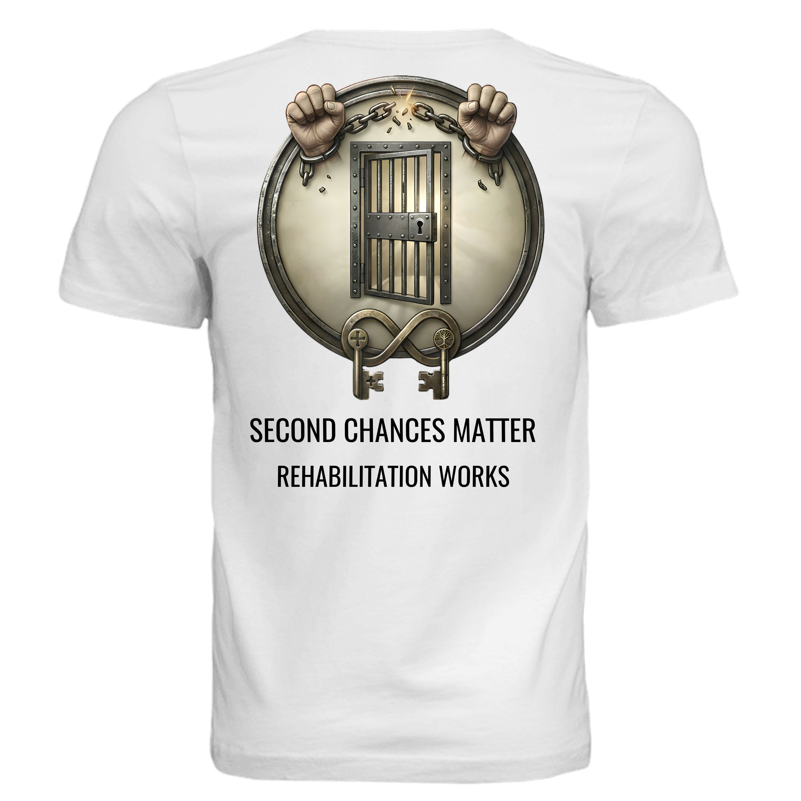 Rehabilitation Works Graphic Tee - Second Chances Matter, unisex shirt with breaking chains and barred door emblem.