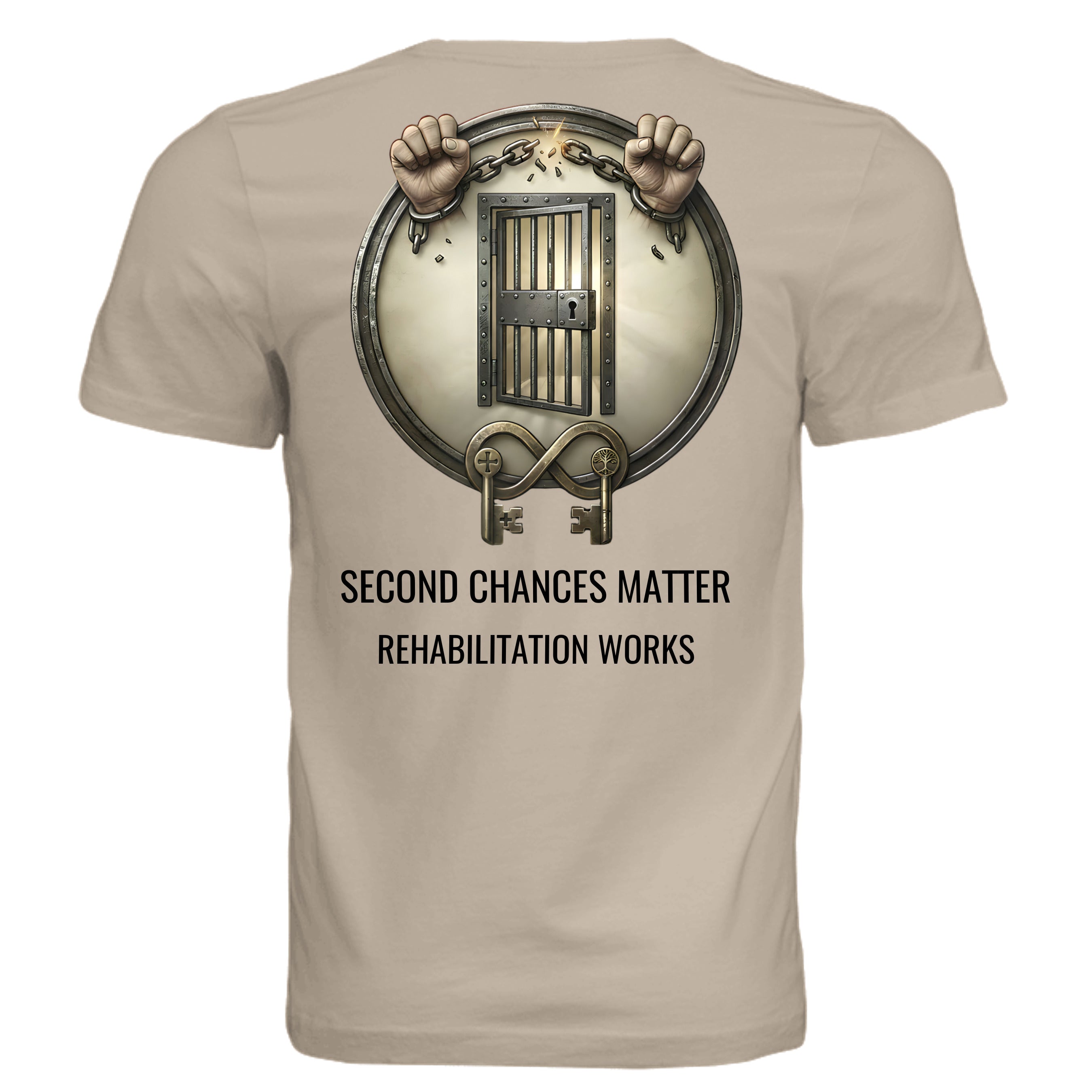Rehabilitation Works graphic tee: hands breaking chains from a circular jail door; Second Chances Matter.