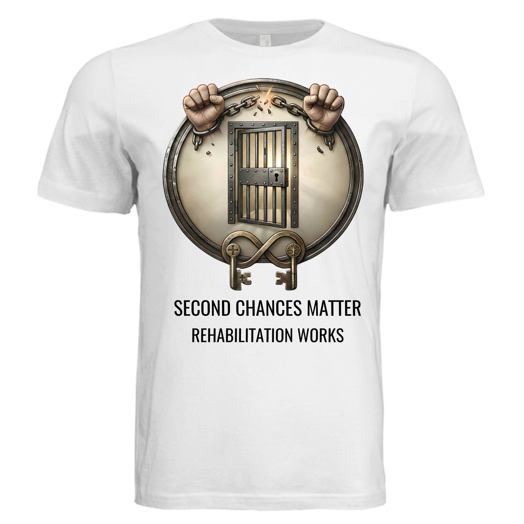 Rehabilitation Works graphic tee featuring a circular jail door, broken chains, and the Second Chances Matter