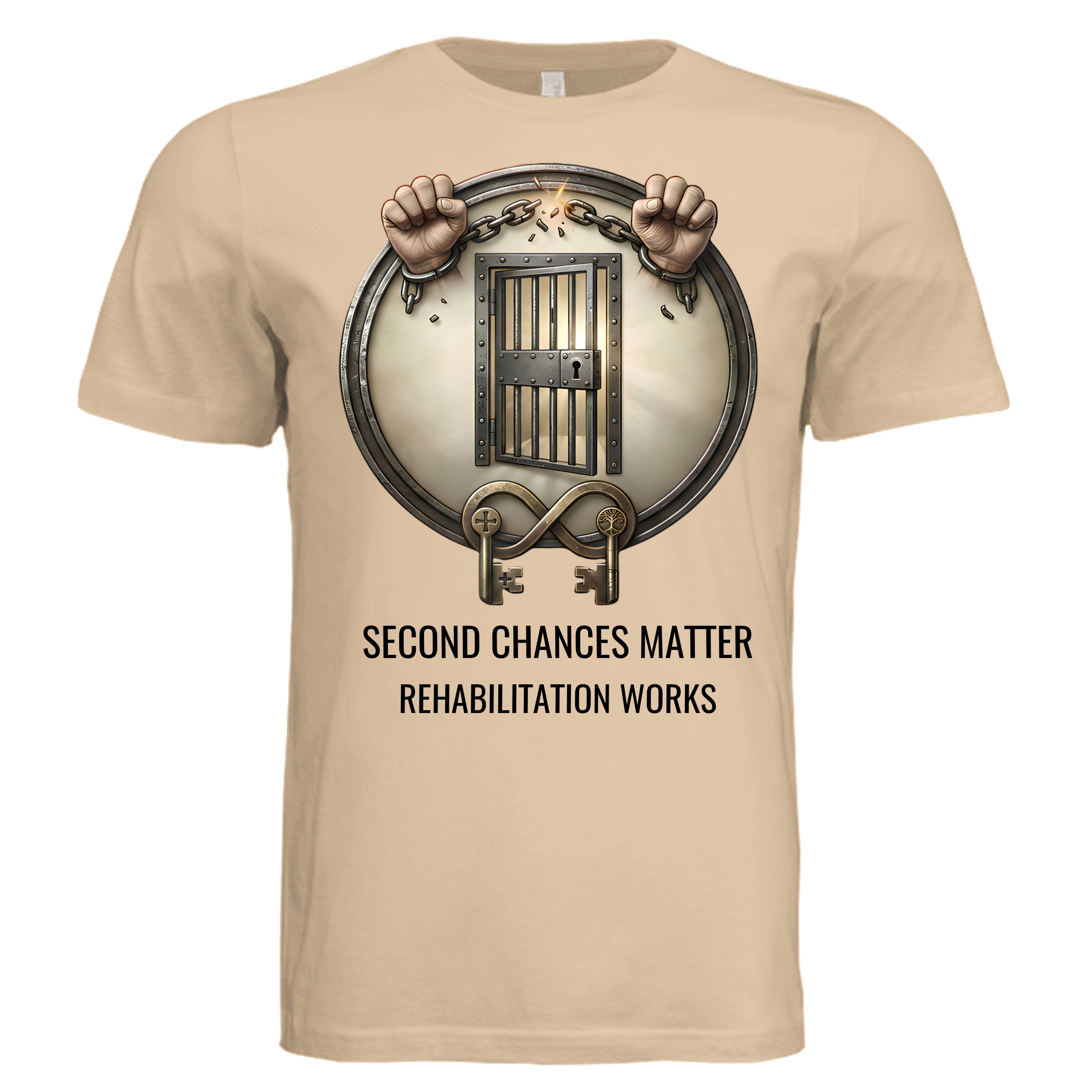 Rehabilitation Works graphic tee with circular jail-door emblem, broken chains, and 'Second Chances Matter'