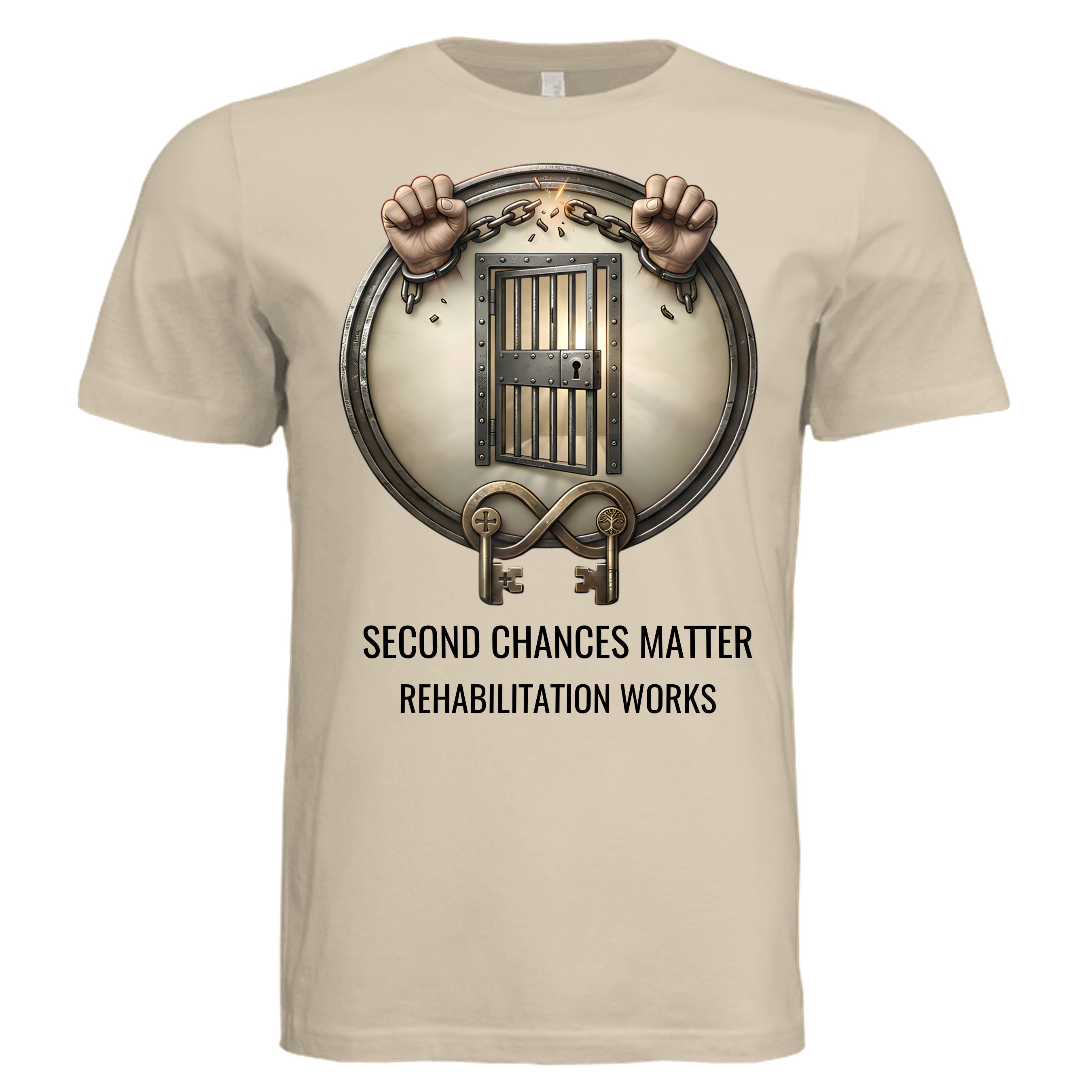 Beige unisex tee with circular jail door graphic, breaking chains, and Second Chances Matter Rehabilitation Works text.