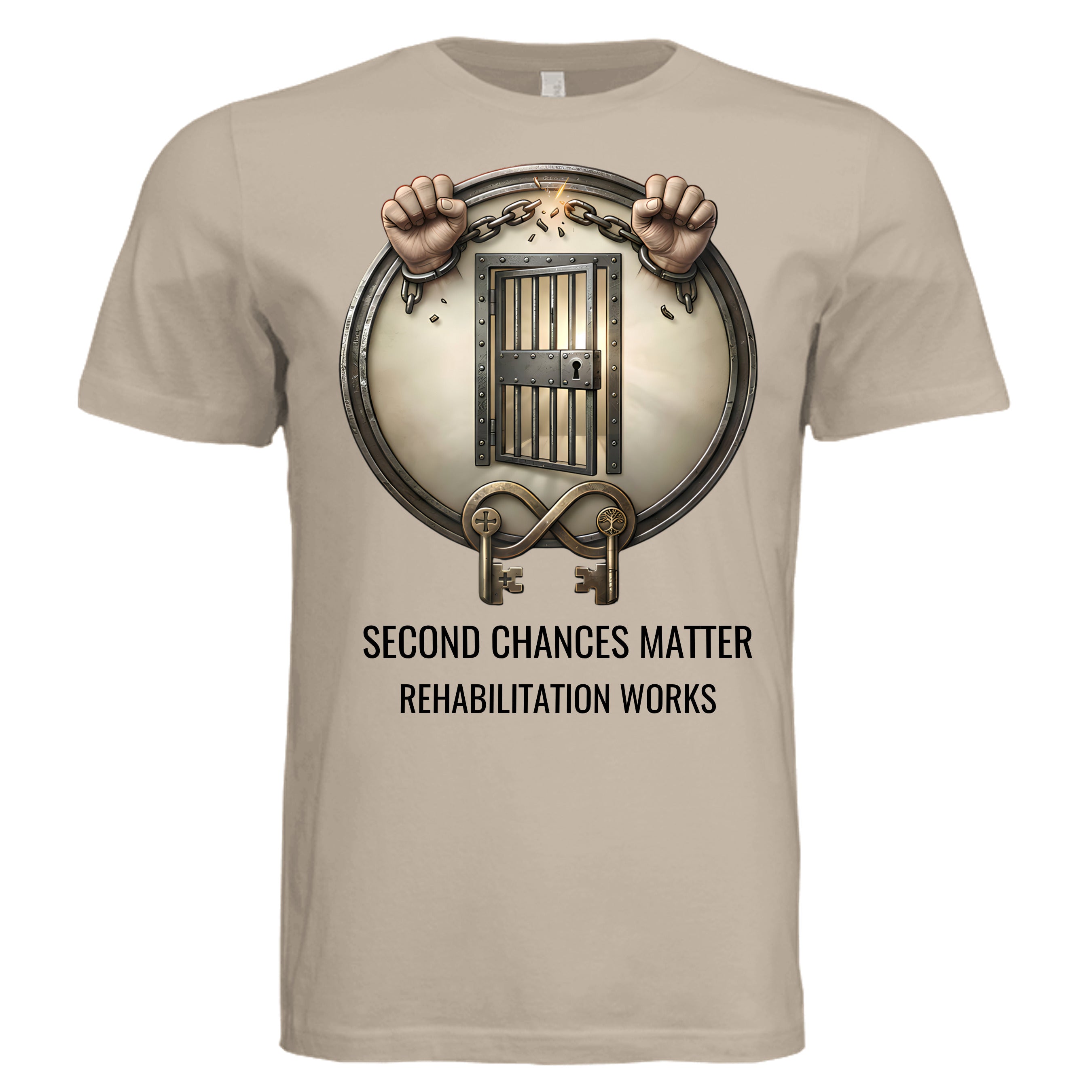 Rehabilitation Works unisex graphic tee: circular jail door with breaking chains, Second Chances Matter.