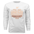 Urban Artistic Threads I'M AN UNPAID PROTESTER premium long-sleeve shirt with peach typography and raised fist graphic.