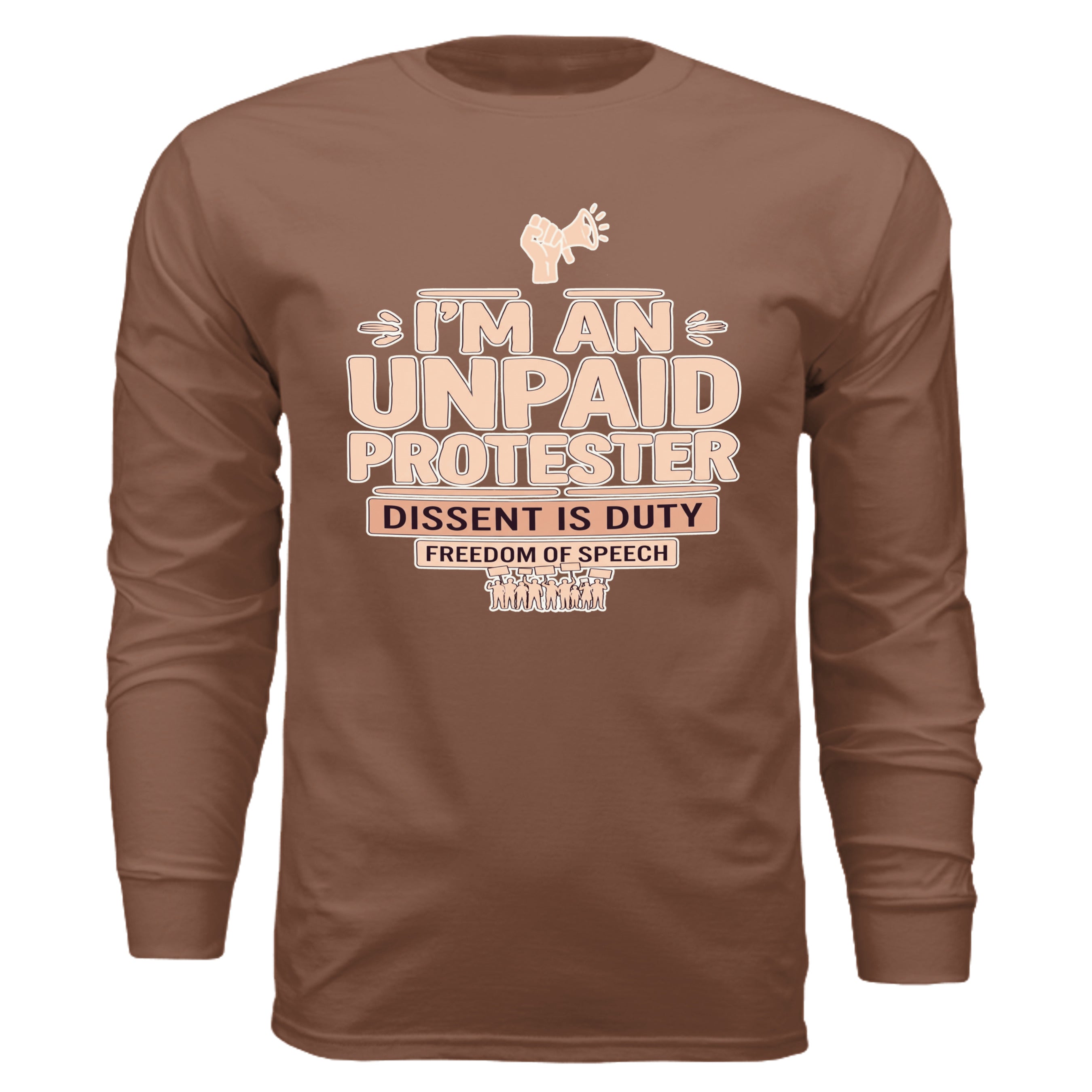 Urban Artistic Threads brown long-sleeve shirt with IM AN UNPAID PROTESTER graphic and megaphone illustration.