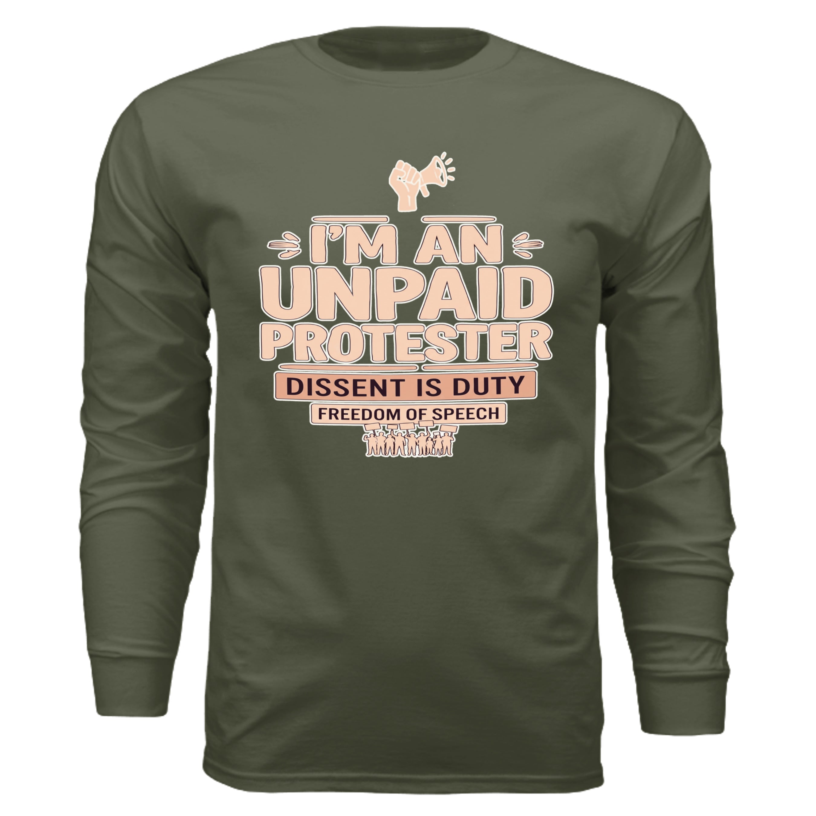 I'M AN UNPAID PROTESTER long sleeve shirt by Urban Artistic Threads with bold peach typography and protest icons.