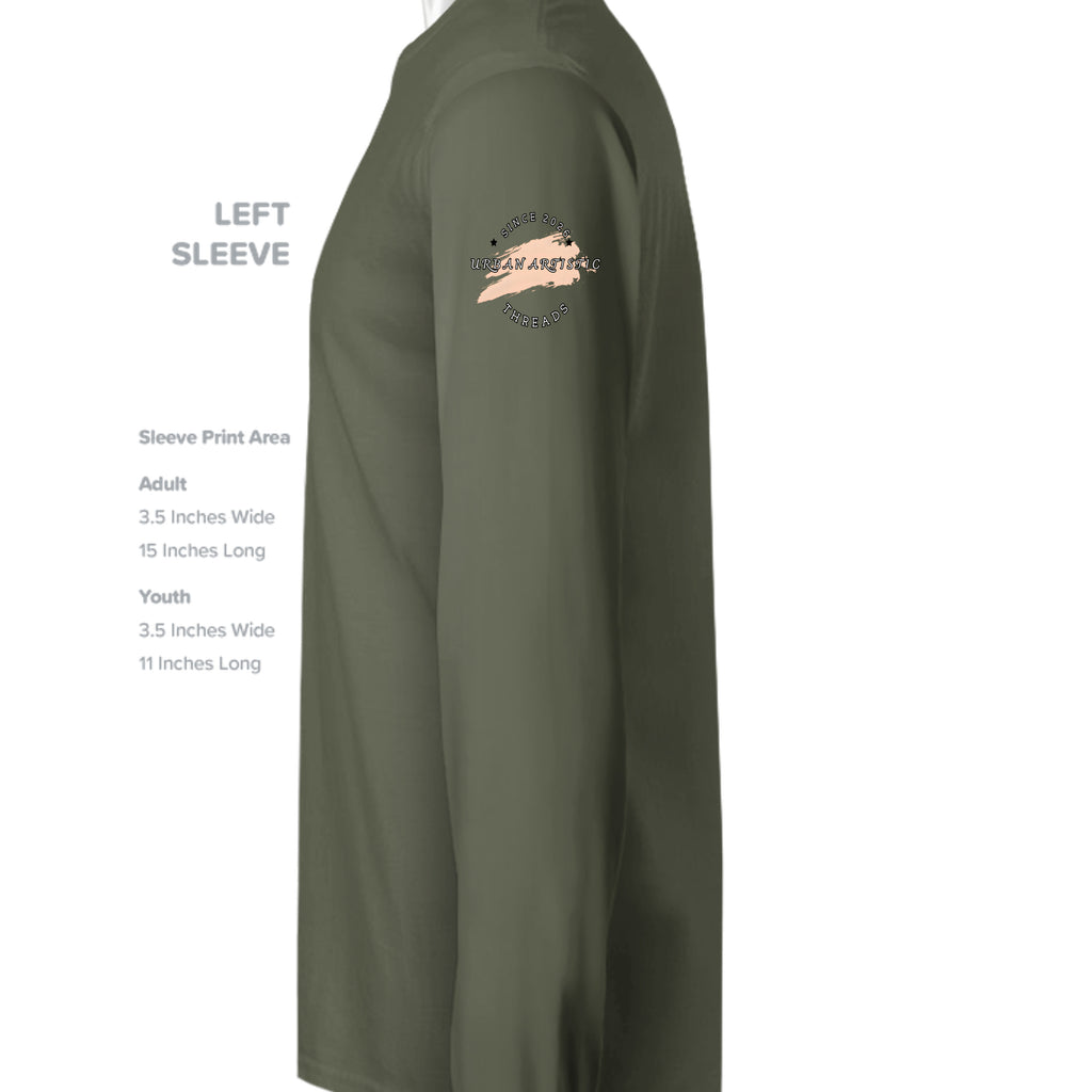 Olive green premium long-sleeve shirt with circular Urban Artistic Threads logo on left sleeve.