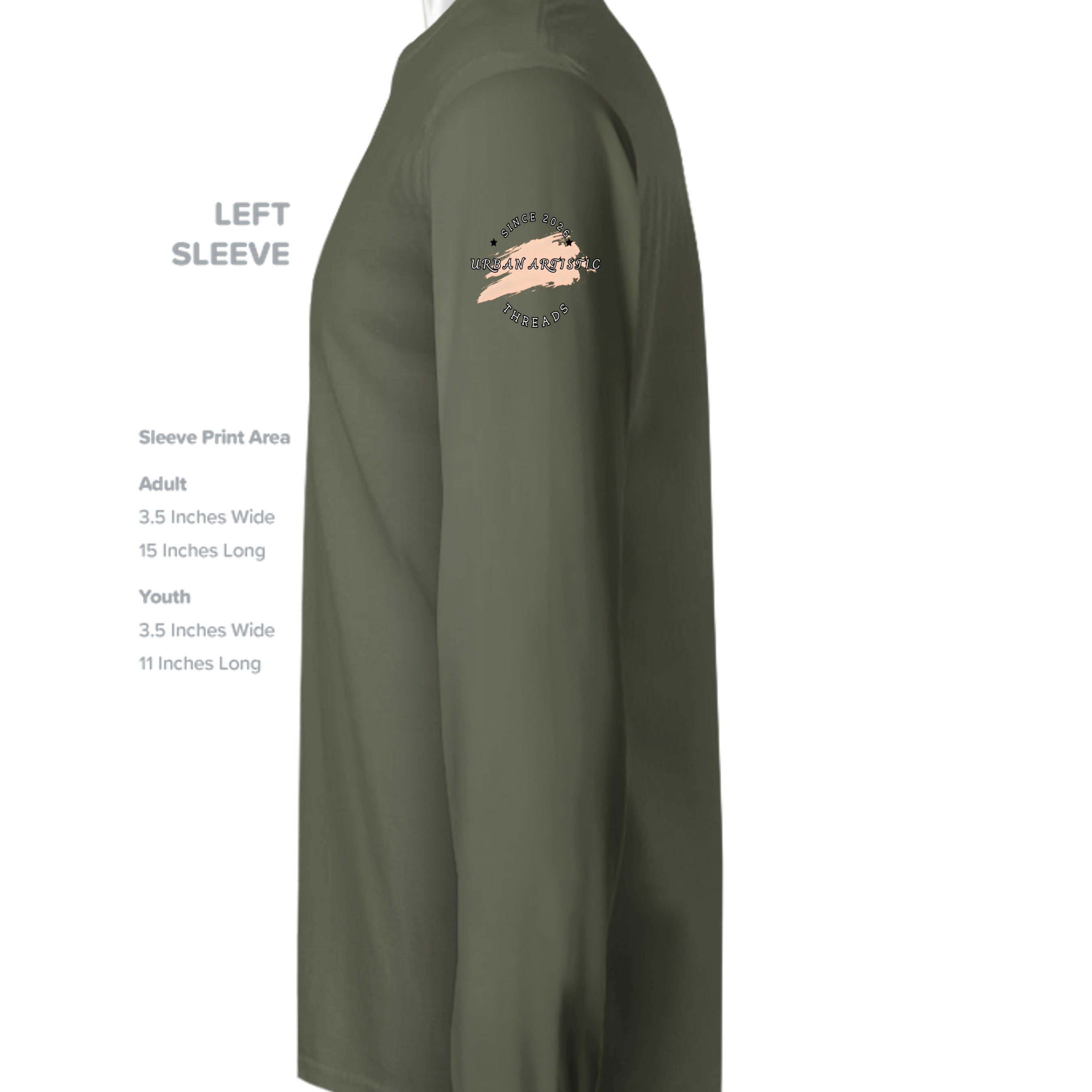 Olive green premium long-sleeve shirt with circular Urban Artistic Threads logo on left sleeve.
