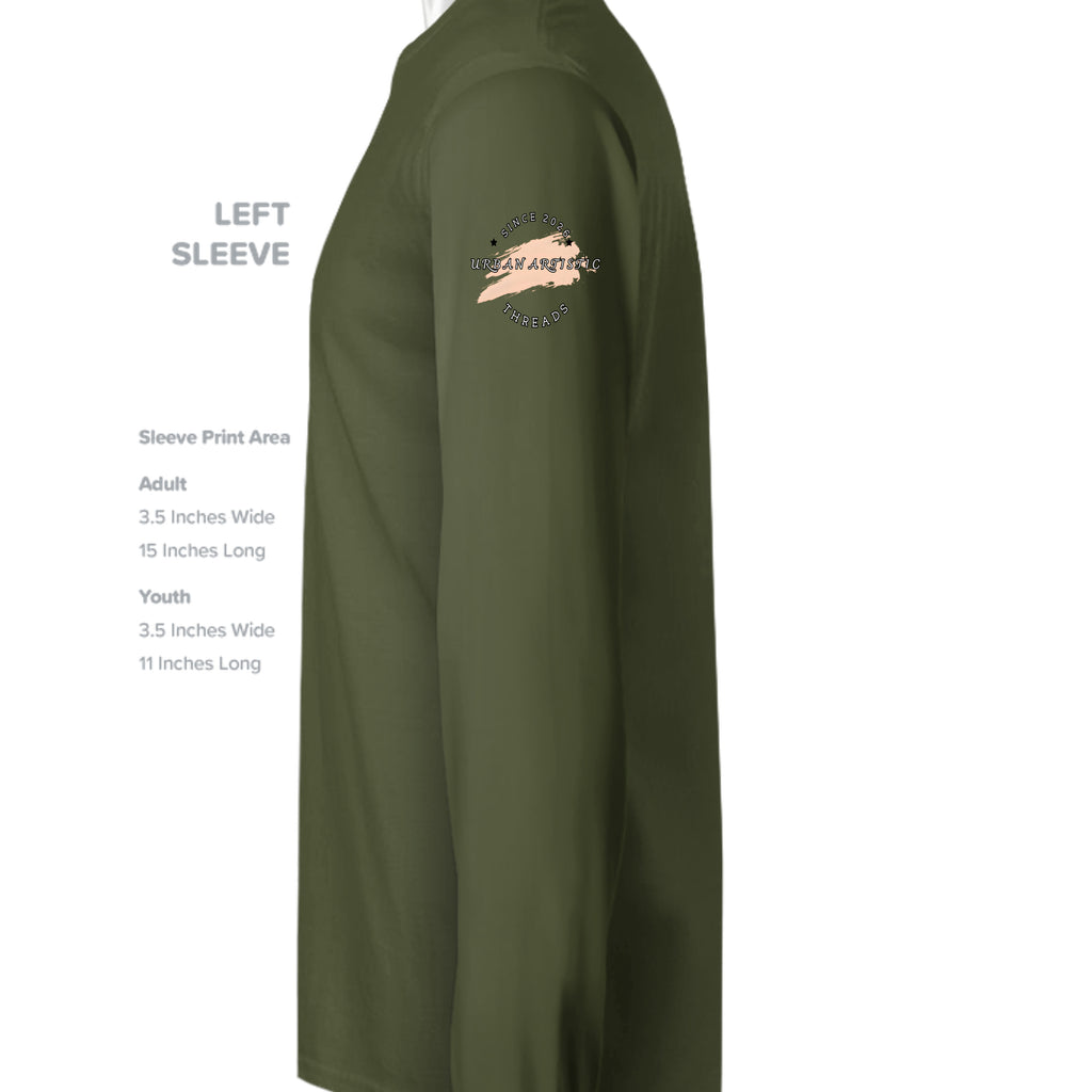I'm an Unpaid Protester Premium Long Sleeve Shirt by Urban Artistic Threads, olive green with left-sleeve logo.