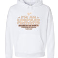 White hoodie with peach graphic reading I'M AN UNPAID PROTESTER and slogans about dissent and freedom of speech.