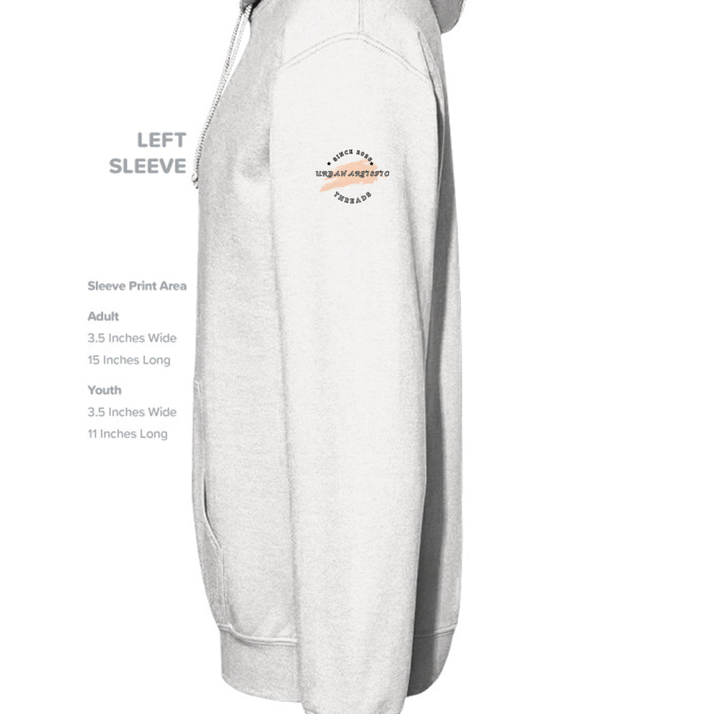 Unpaid Protester Hoodie: rally-ready graphic with peach brush and circular Urban Artistic logo on chest.