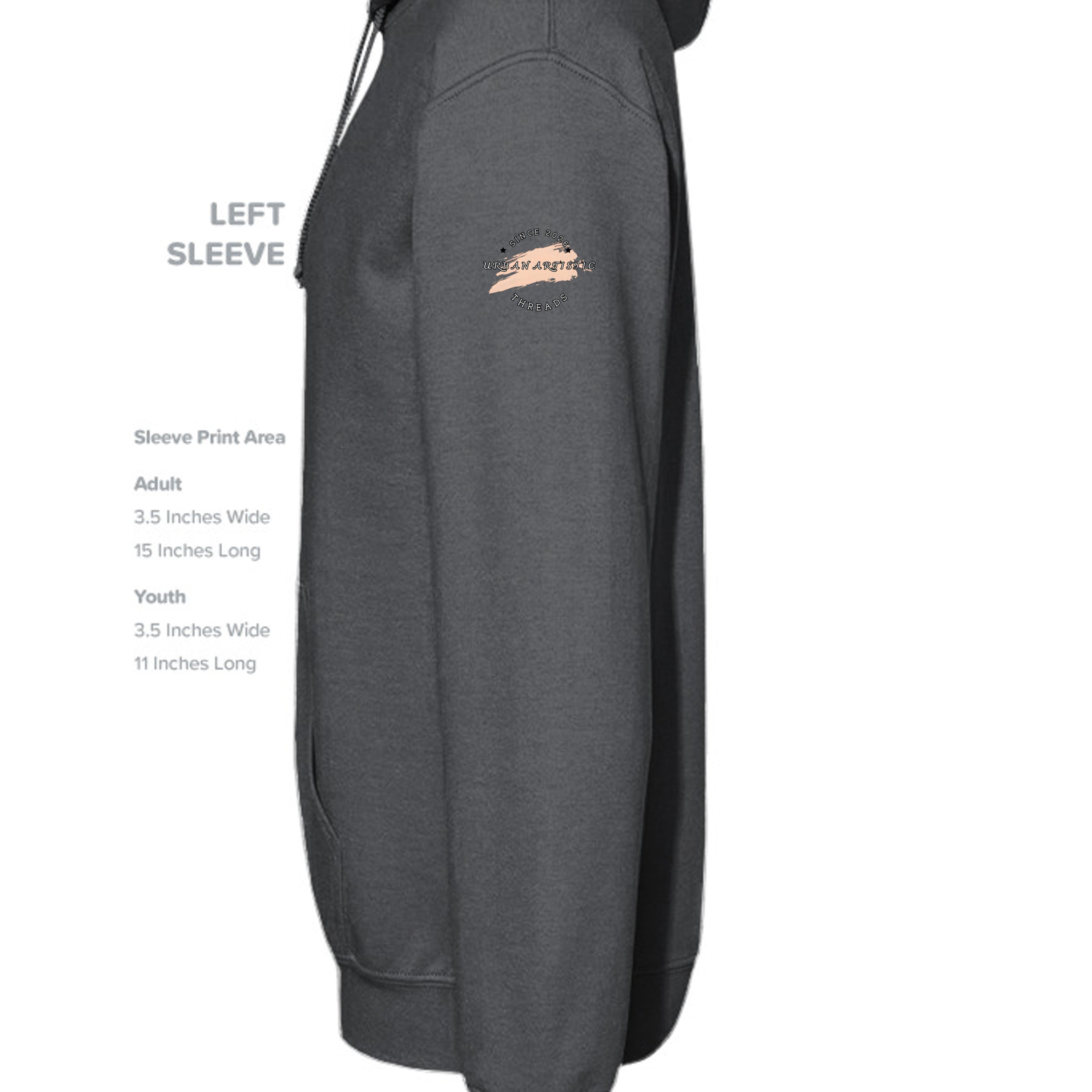 Unpaid Protester Hoodie in dark gray with left-sleeve logo Urban Artistic Threads brush-stroke emblem.