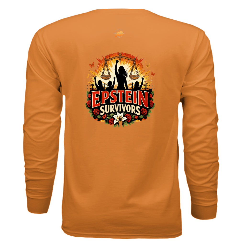 Bright orange Blooms Of Resilience Epstein Survivors long-sleeve shirt featuring a floral wreath, sunburst and scales design.