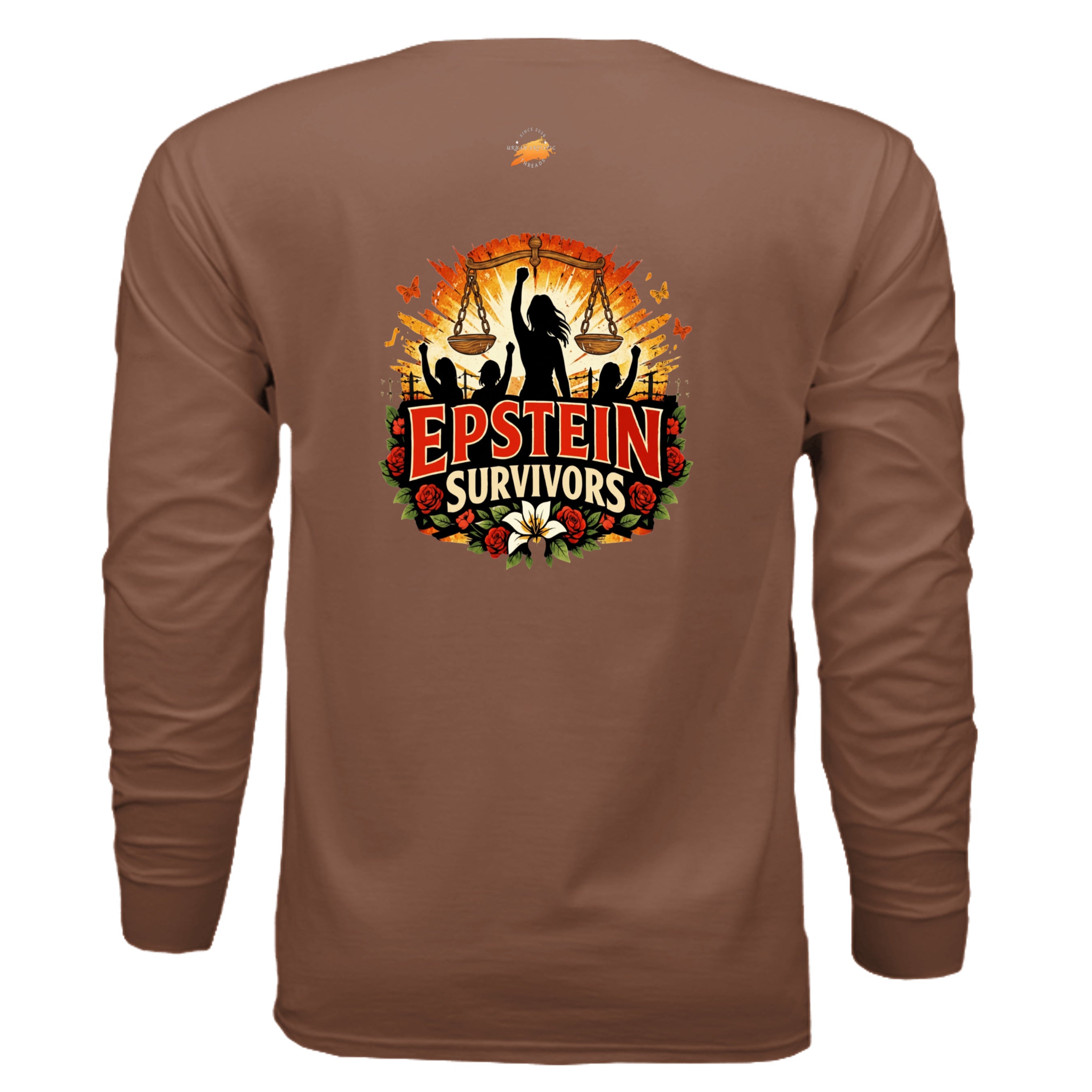 Back print on brown long-sleeve shirt shows Epstein Survivors graphic with a floral border and raised fists.