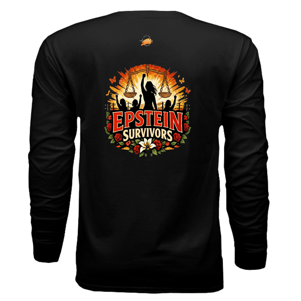 Blooms Of Resilience Epstein Survivor graphic on back of black long-sleeve shirt with floral bloom motif.